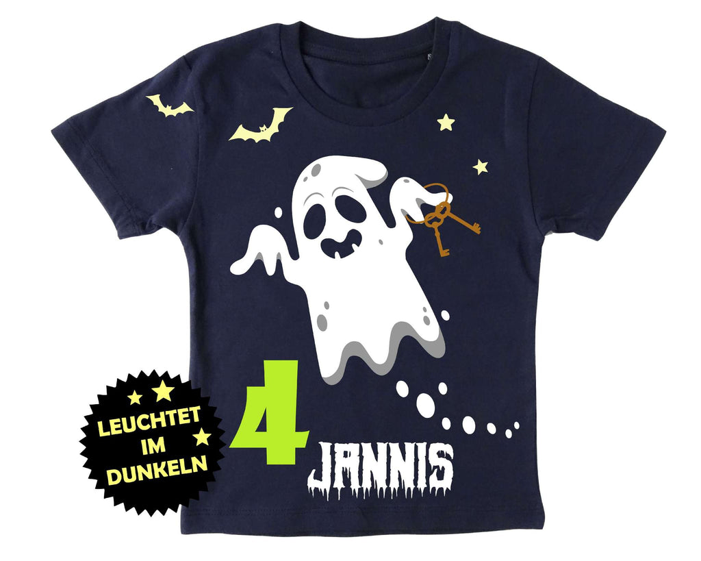 navi Geburtstagsshirt für Kinder mit süßem Halloween Gespenst und Leuchteffekt im Dunkeln, Name und Zahl