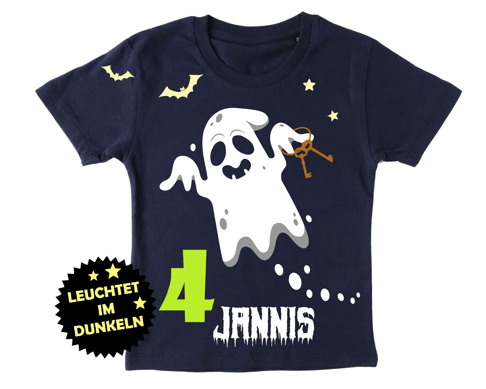 navi Geburtstagsshirt für Kinder mit süßem Halloween Gespenst und Leuchteffekt im Dunkeln, Name und Zahl