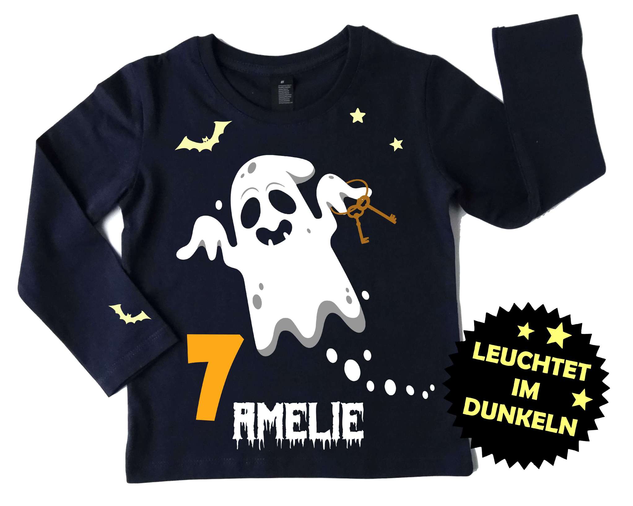 navi Geburtstagsshirt Halloween für Kinder mit Gespenst, leuchtet im Dunkeln, mit Name und orange Zahl