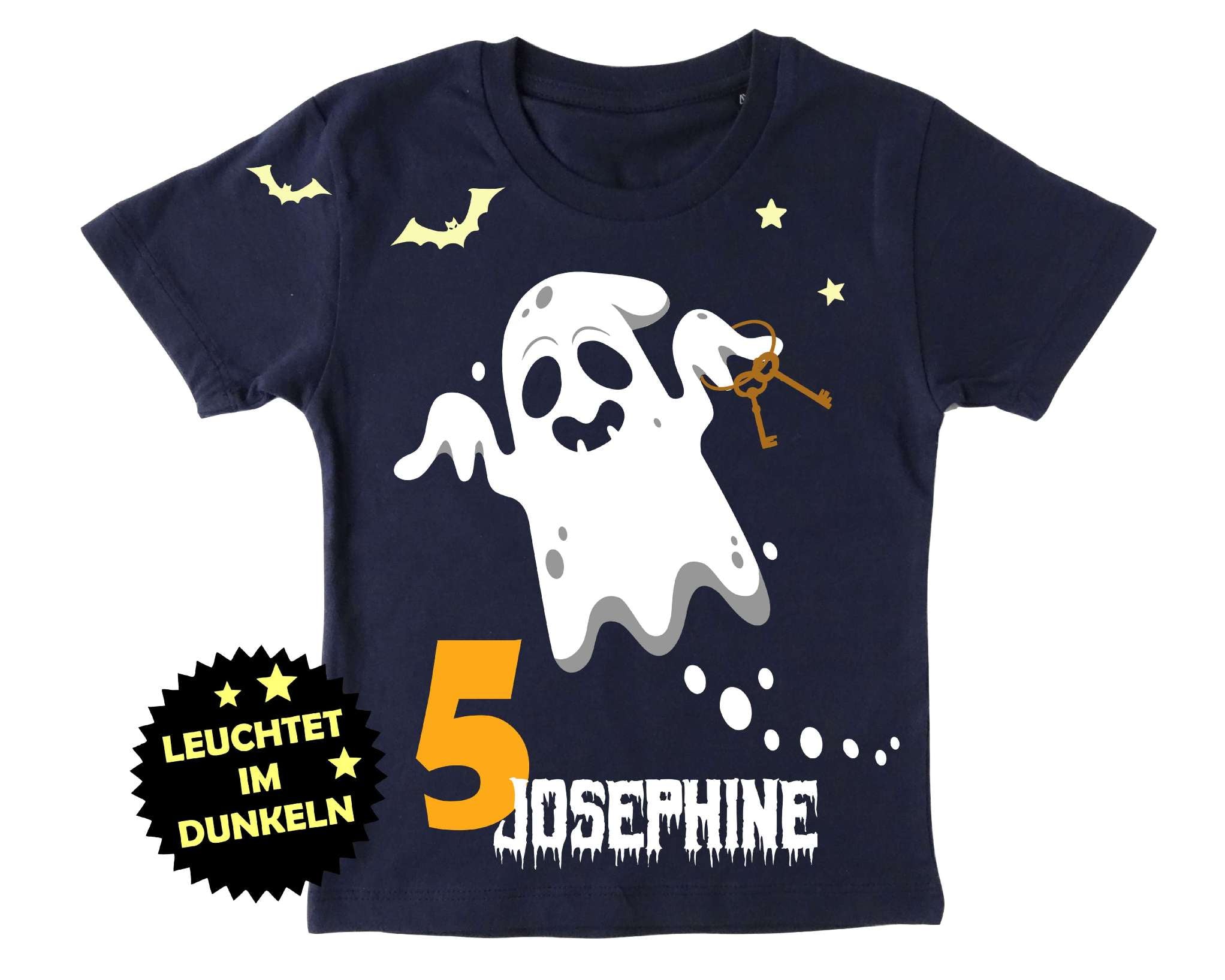 navi Geburtstagsshirt für Kinder mit süßem Halloween Gespenst und Leuchteffekt im Dunkeln, Name und oranger Zahl