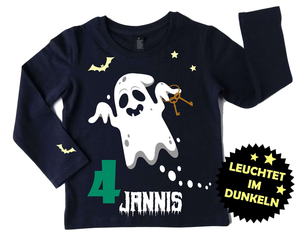 Geburtstagsshirt Halloween für Kinder mit süßem Gespenst, leuchtet im Dunkeln, mit Name und Zahl