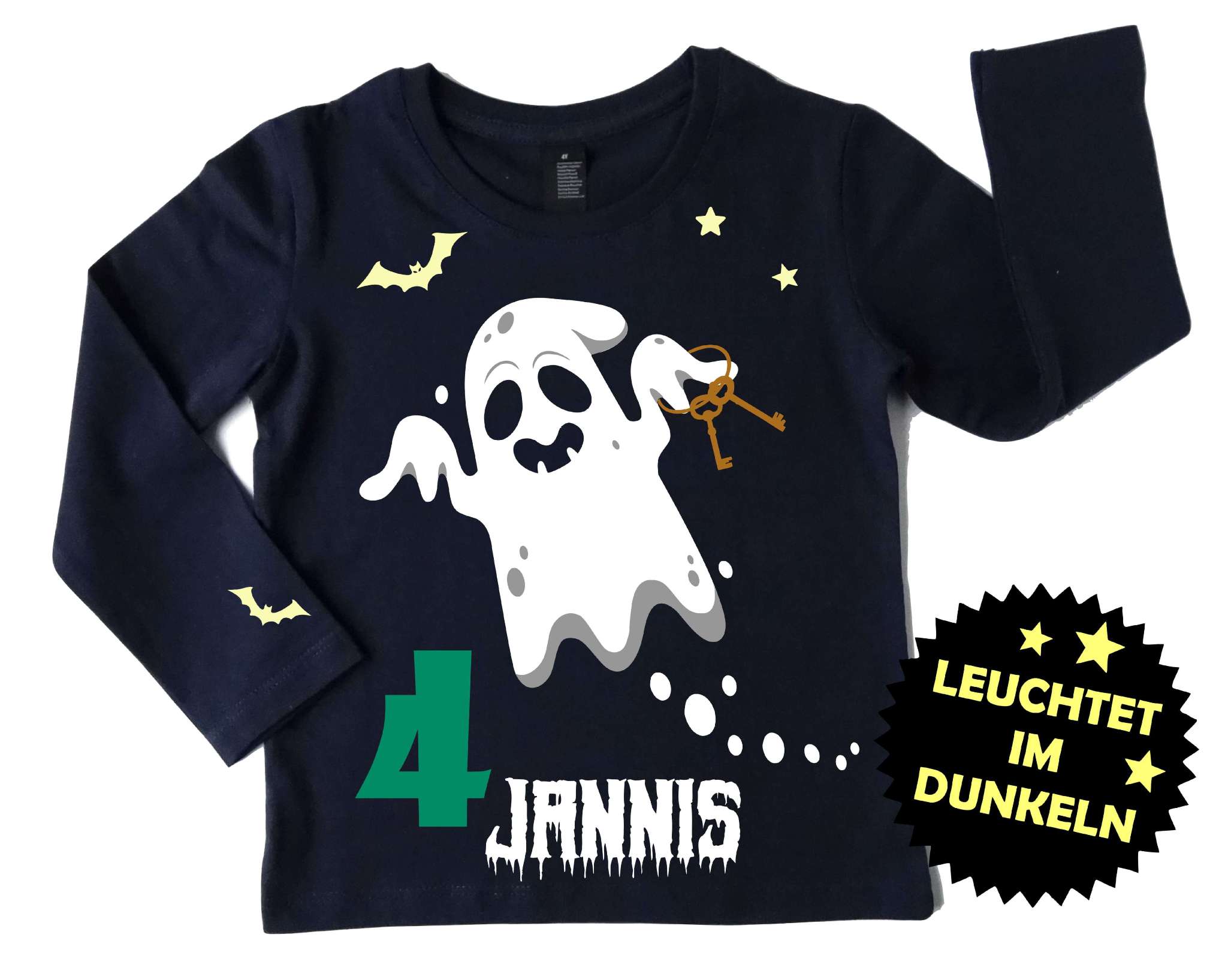 Geburtstagsshirt Halloween für Kinder mit süßem Gespenst, leuchtet im Dunkeln, mit Name und Zahl