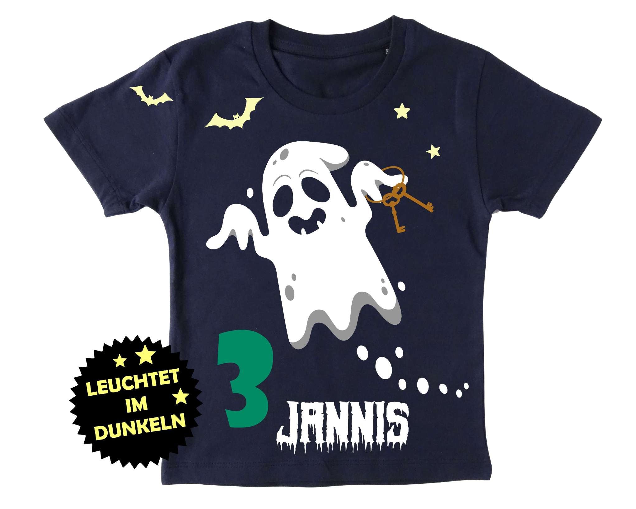 navi Geburtstagsshirt für Kinder mit süßem Halloween Gespenst und Leuchteffekt im Dunkeln, Name und petrol Zahl