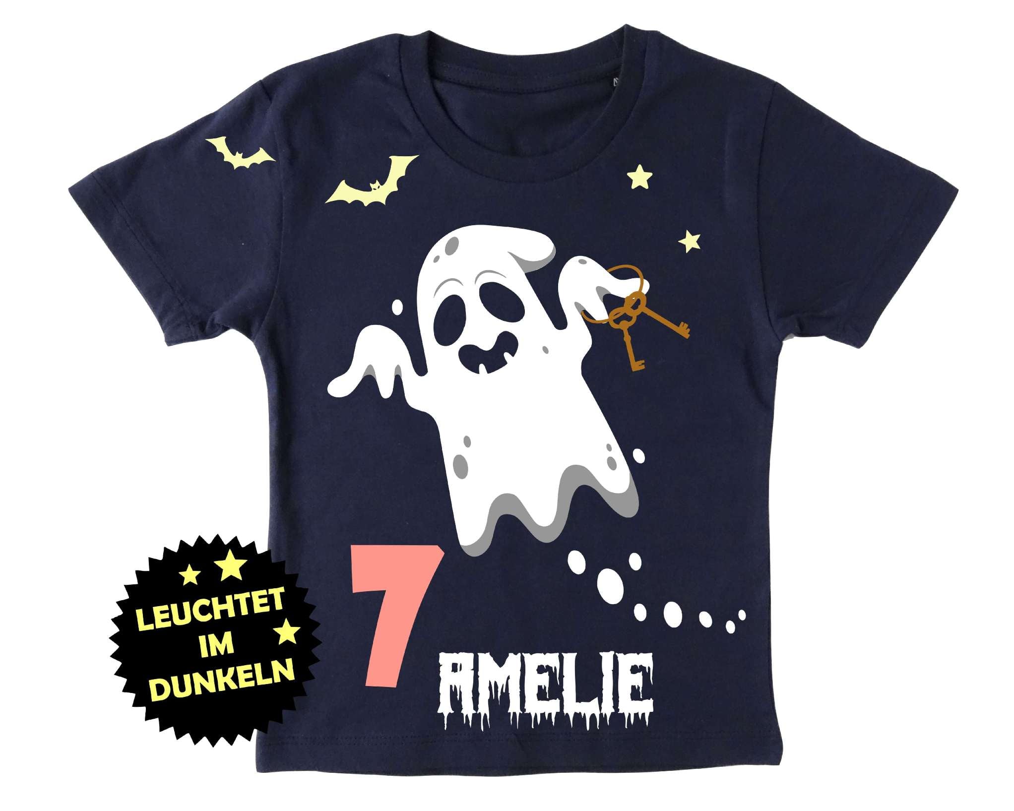 navi Geburtstagsshirt für Kinder mit süßem Halloween Gespenst und Leuchteffekt im Dunkeln, Name und rosa Zahl