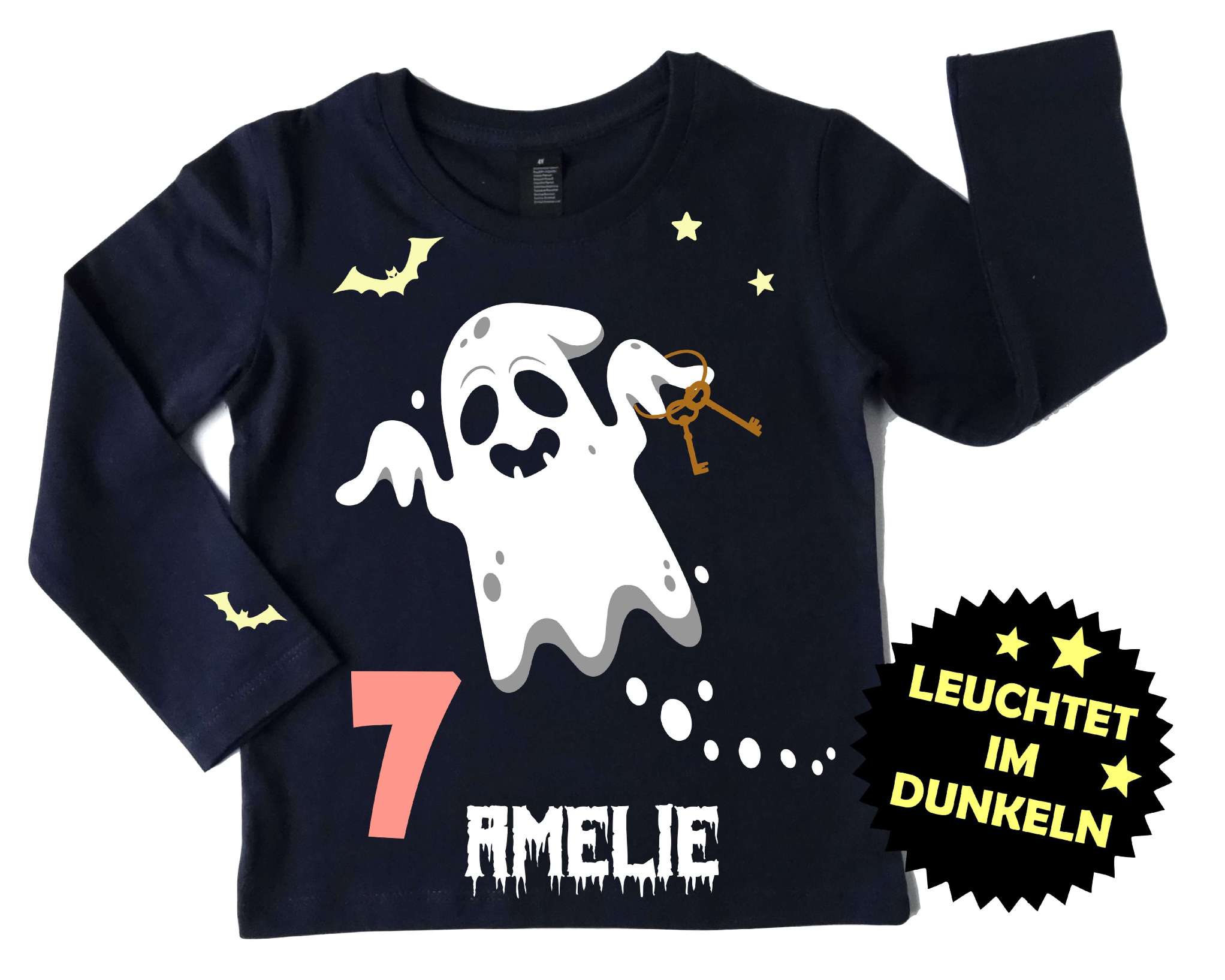 navi Geburtstagsshirt Halloween für Kinder mit Gespenst, leuchtet im Dunkeln, mit Name und rosa Zahl