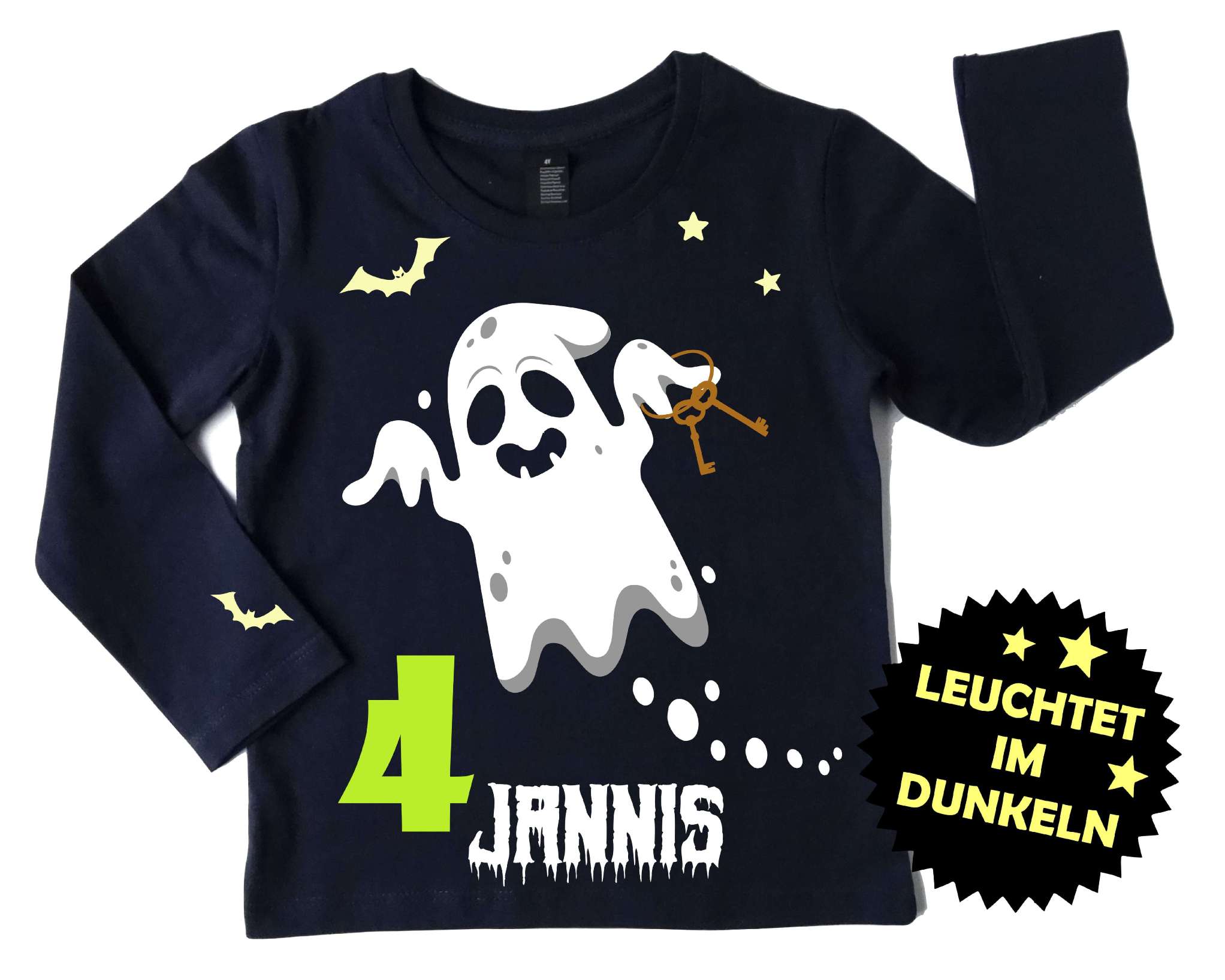 Geburtstagsshirt Halloween für Kinder mit Gespenst, leuchtet im Dunkeln, mit Name und hellgrüne Zahl