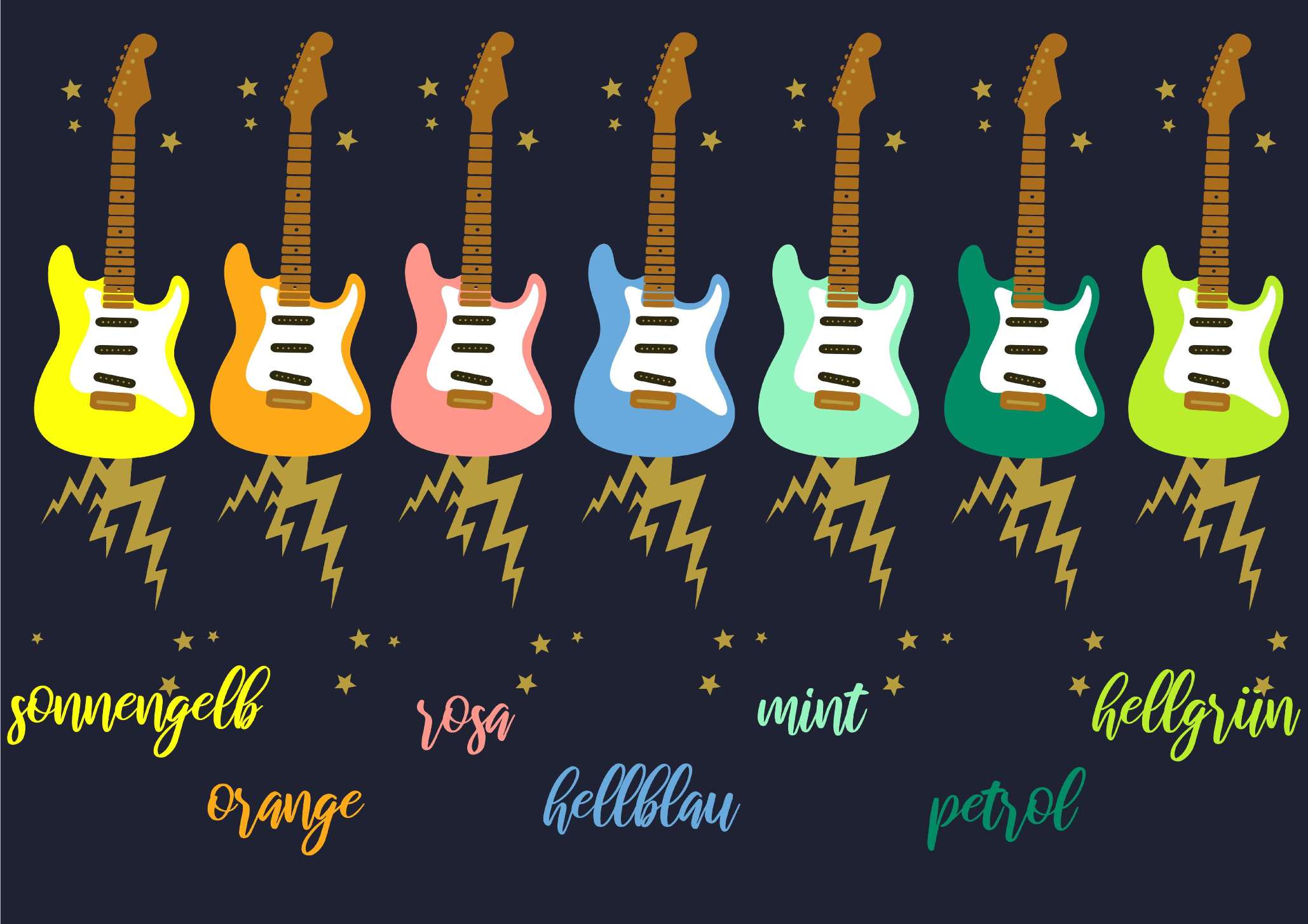 Übersicht Farbauswahl von navi Geburtstagsshirt E Gitarre für Kinder, mit Zahl und Name, mit gold metallic Effekt