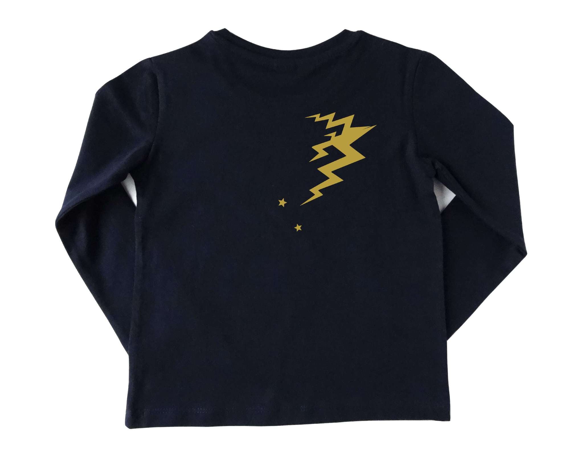 Rückseite goldener Blitz von navi Geburtstagsshirt hellblaue E-Gitarre für Jungen und Mädchen, mit Name und Zahl und gold Effekt
