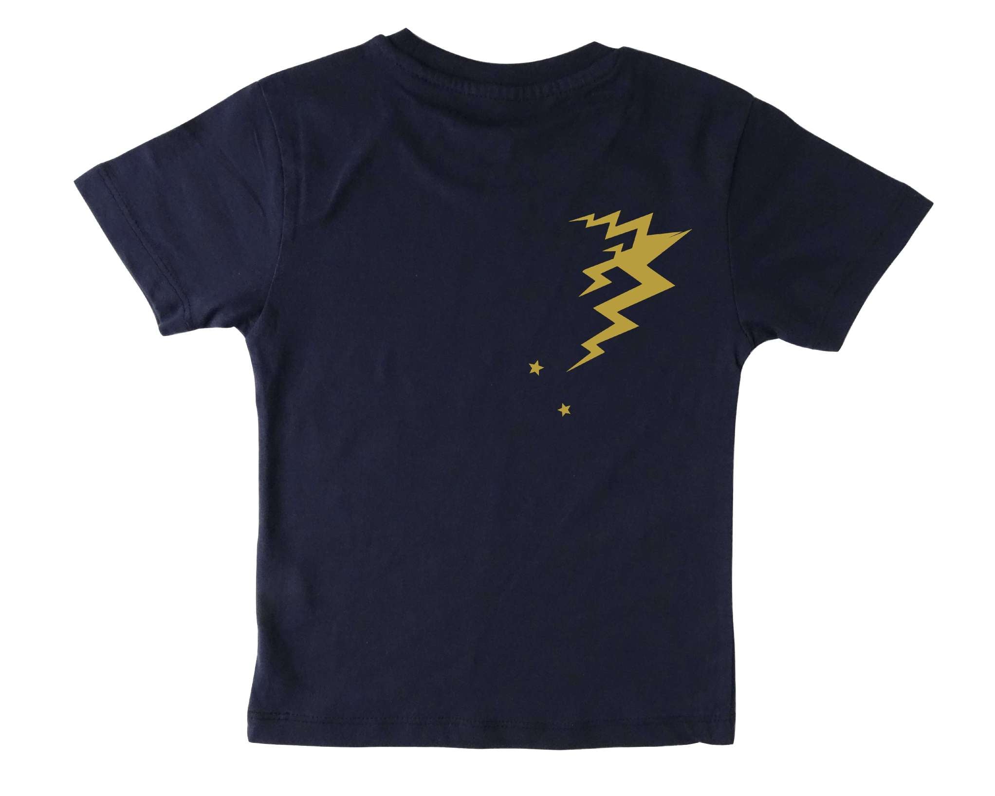 bedruckte Rückseite von navi Geburtstagsshirt hellblaue E Gitarre für Kinder, mit Zahl und Name, mit gold metallic Effekt