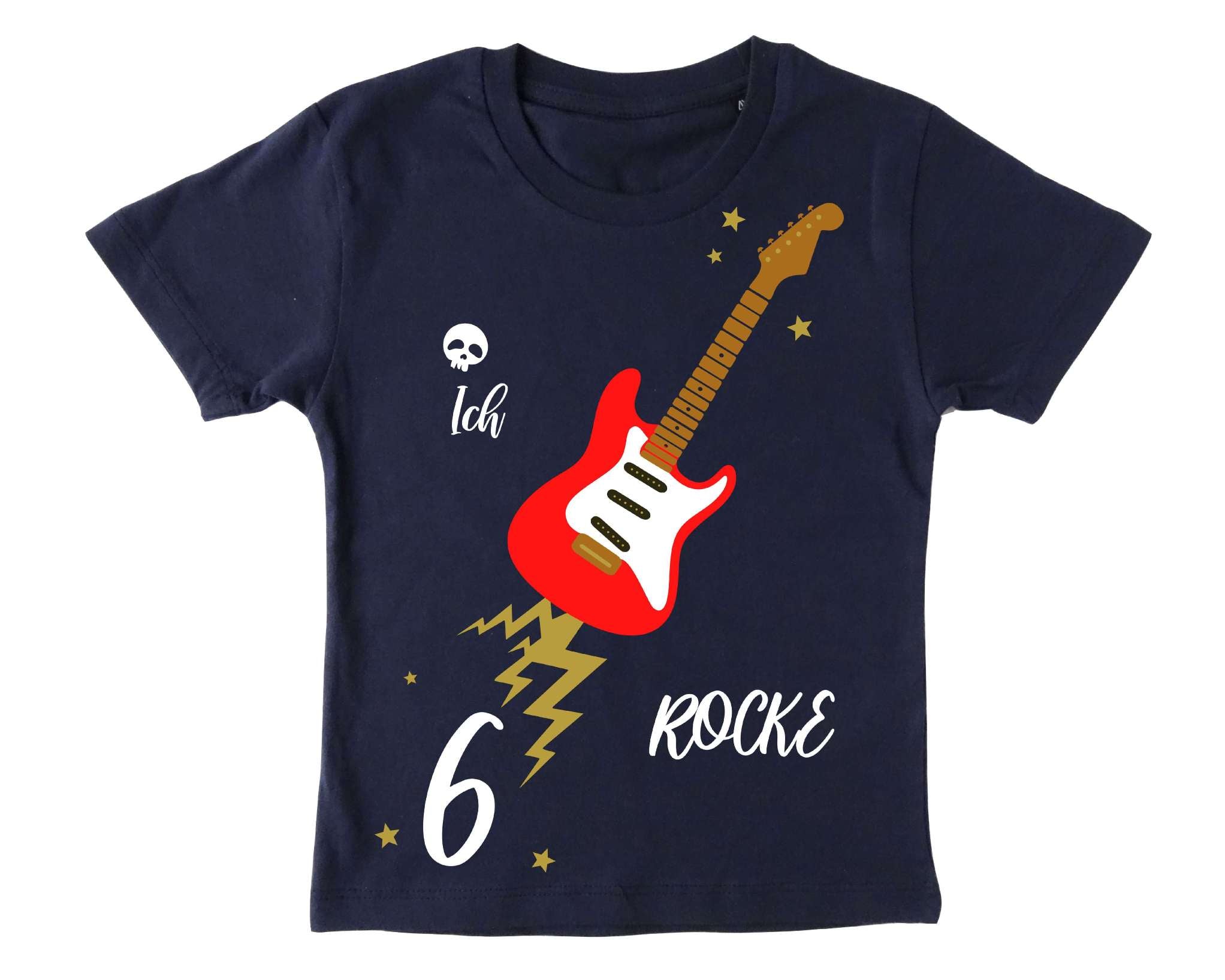 navi Geburtstagsshirt rot E Gitarre für Kinder, mit Zahl und Name, mit gold metallic Effekt