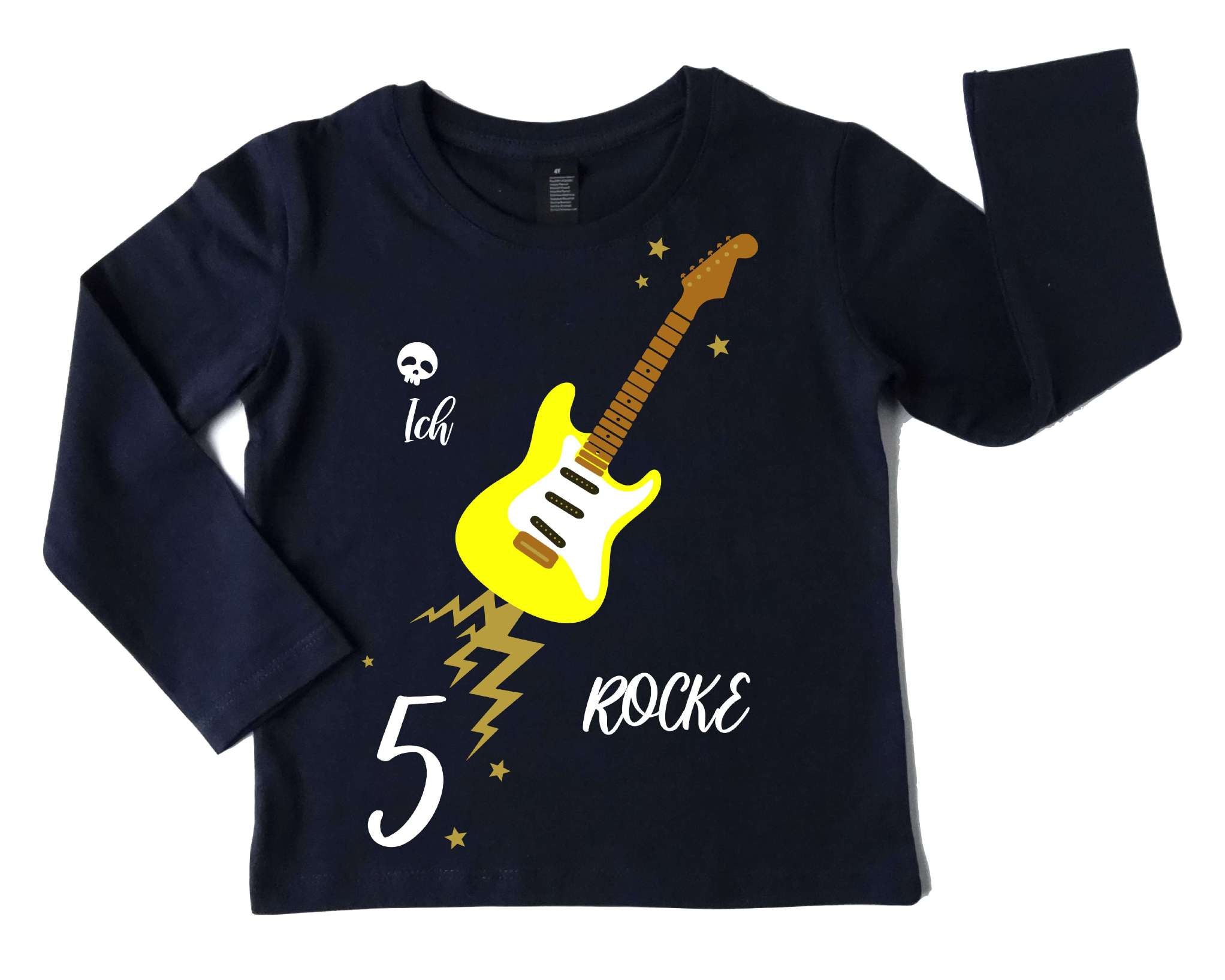 navi Geburtstagsshirt gelbe E-Gitarre für Jungen und Mädchen, mit Name und Zahl und gold Effekt