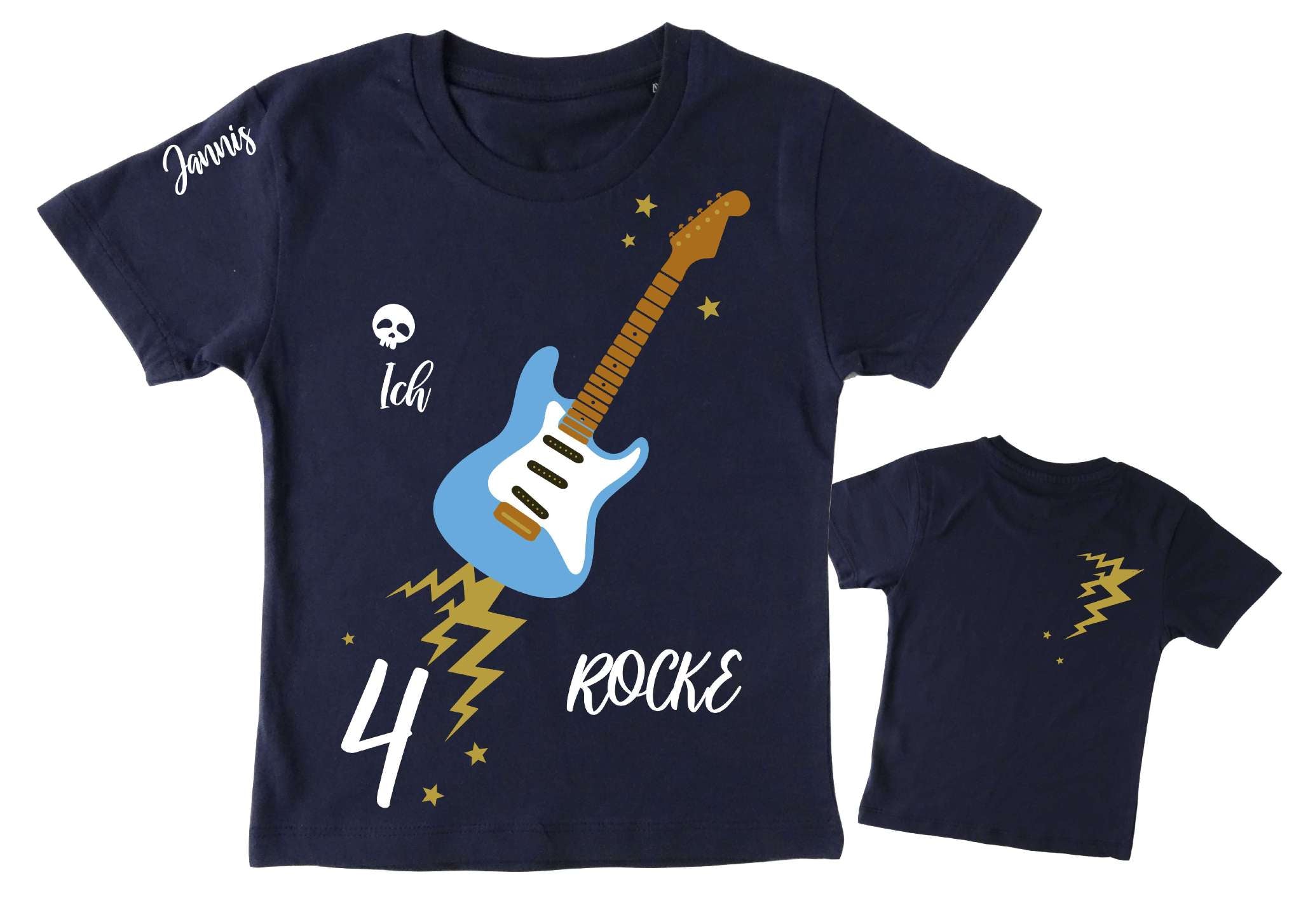 navi Geburtstagsshirt hellblaue E Gitarre für Kinder, mit Zahl und Name, mit gold metallic Effekt
