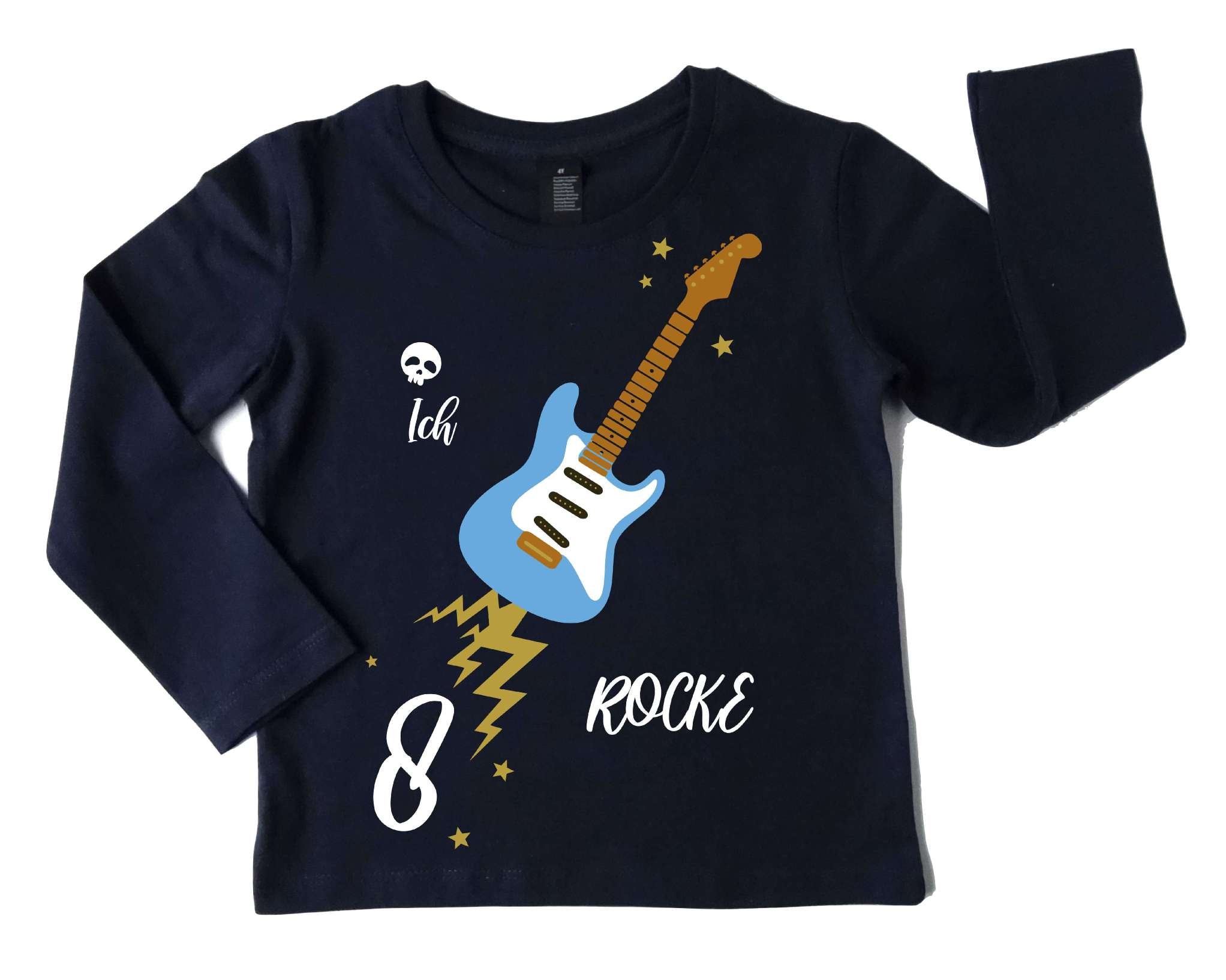 navi Geburtstagsshirt hellblaue E-Gitarre für Jungen und Mädchen, mit Name und Zahl und gold Effekt