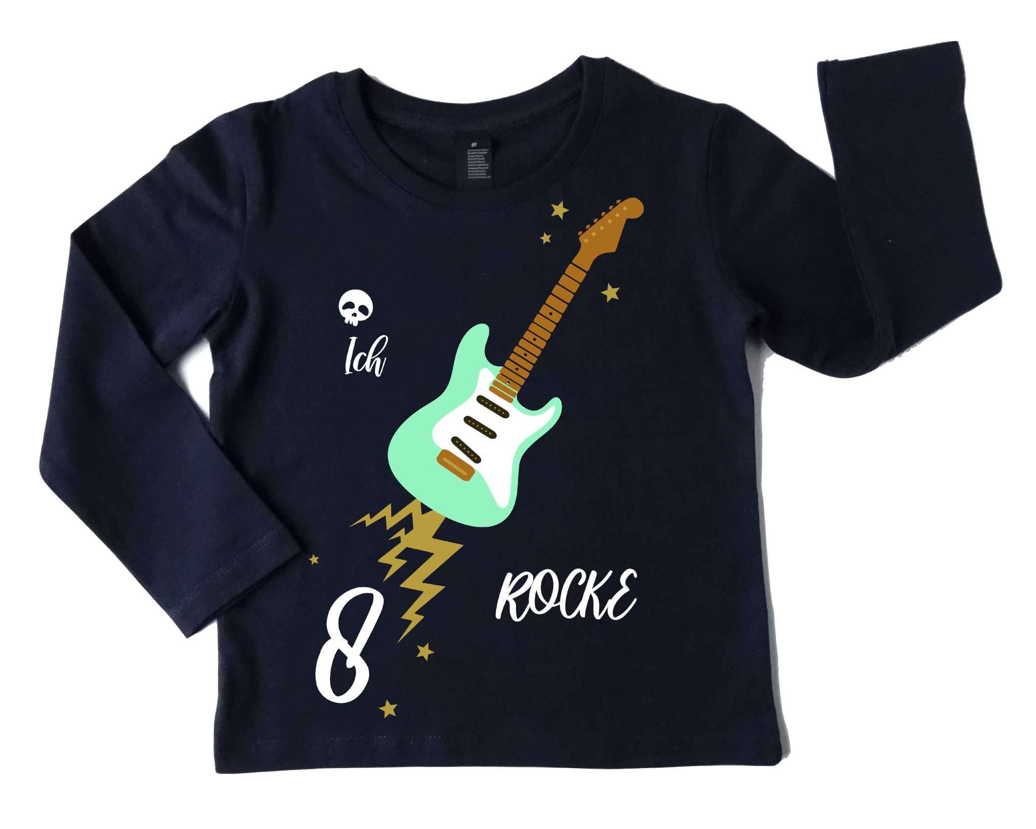 navi Geburtstagsshirt mint farbene E-Gitarre für Jungen und Mädchen, mit Name und Zahl und gold Effekt