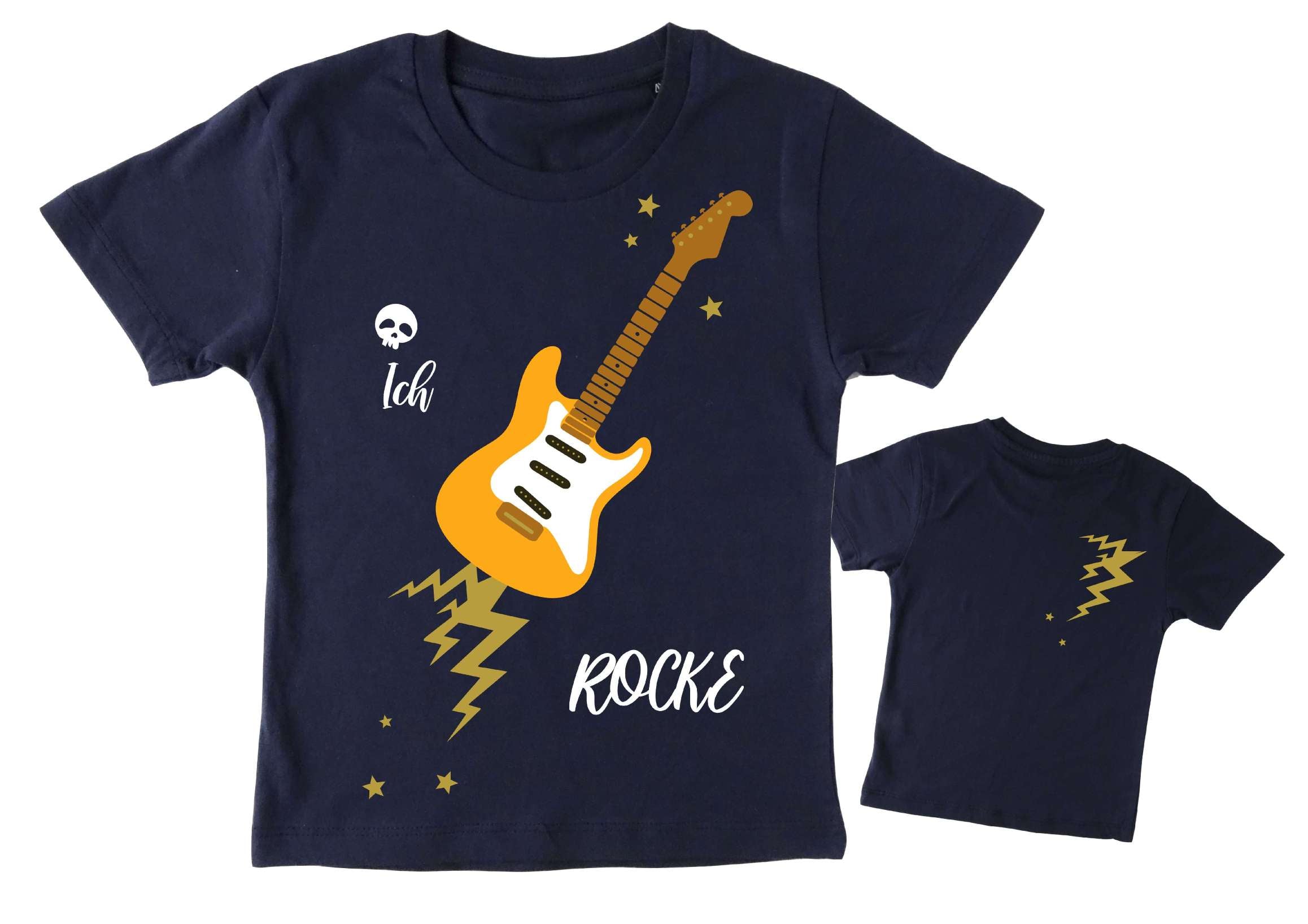 navi Geburtstagsshirt orange E Gitarre für Kinder, mit Zahl und Name, mit gold metallic Effekt