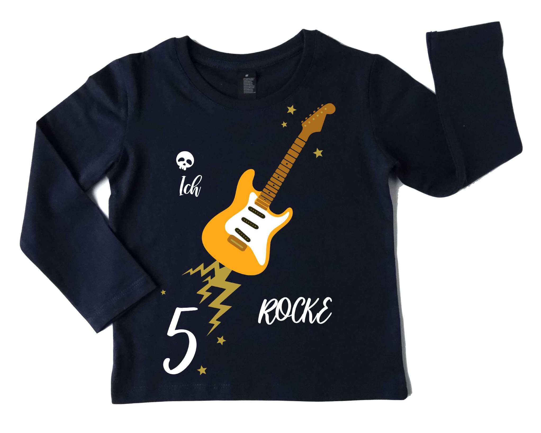 navi Geburtstagsshirt orange E-Gitarre für Jungen und Mädchen, mit Name und Zahl und gold Effekt