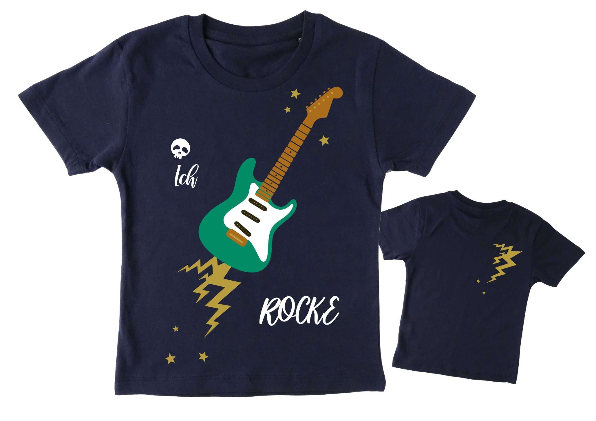 navi Geburtstagsshirt petrol farbene E Gitarre für Kinder, mit Zahl und Name, mit gold metallic Effekt