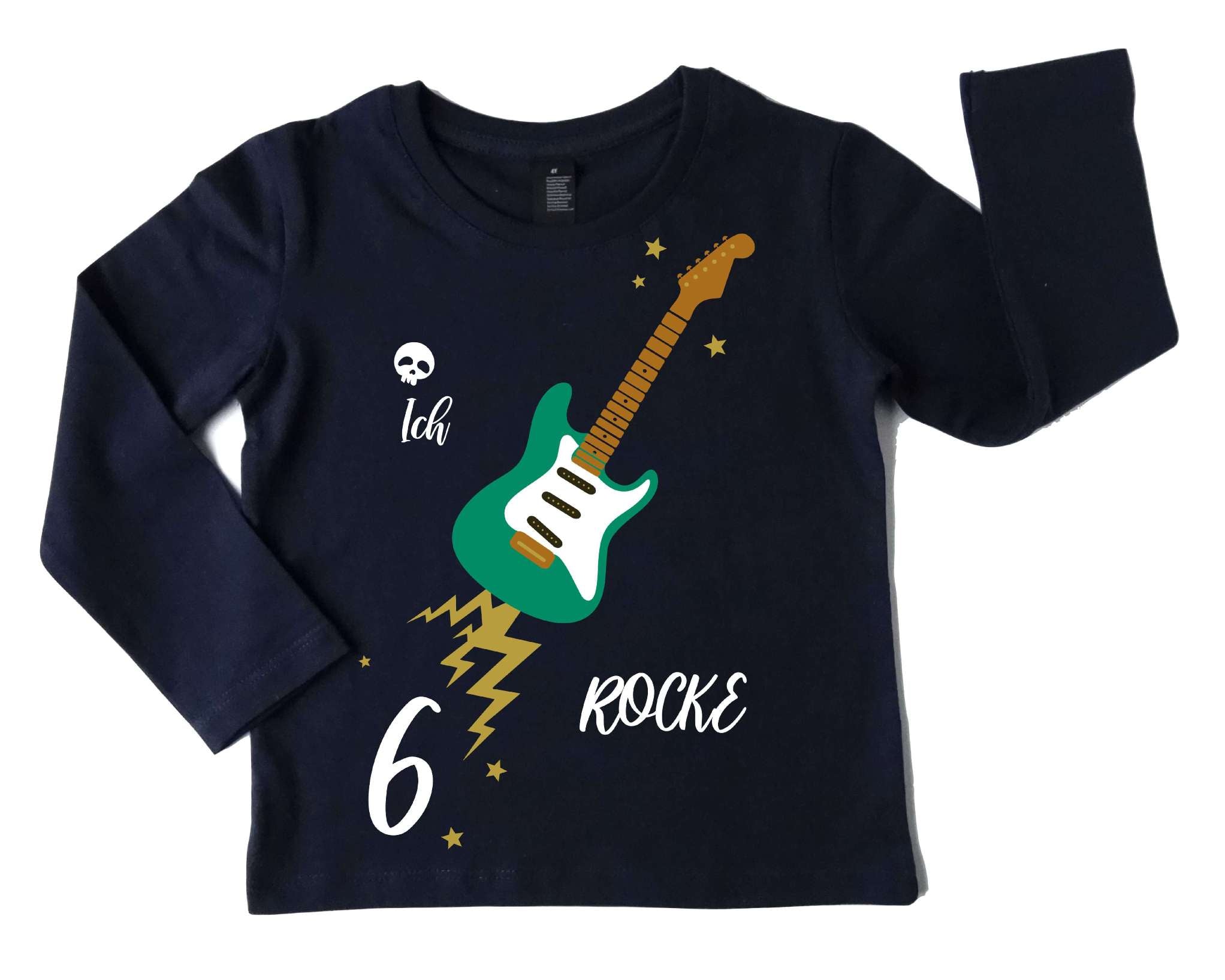 navi Geburtstagsshirt petrol farbene E-Gitarre für Jungen und Mädchen, mit Name und Zahl und gold Effekt