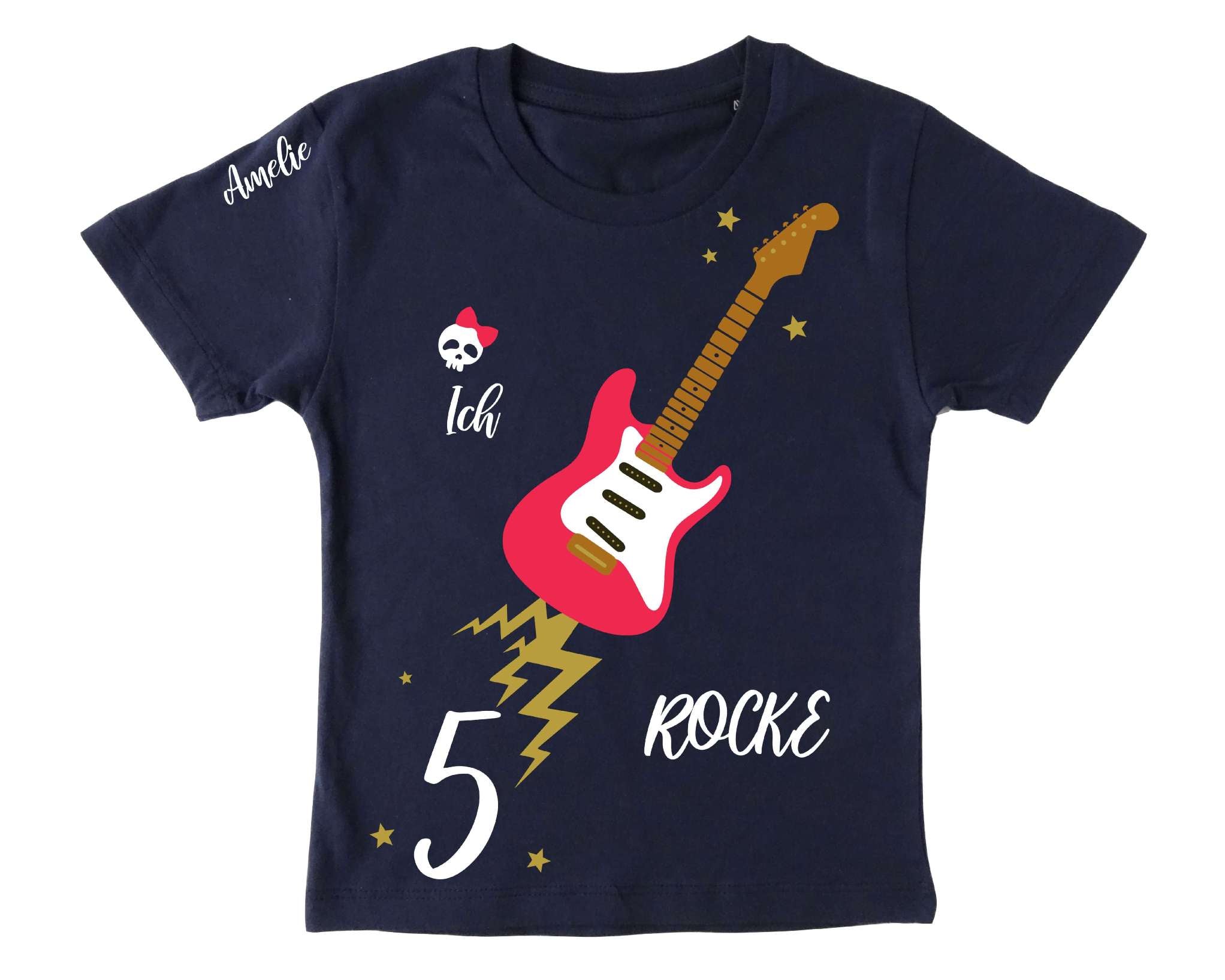 navi Geburtstagsshirt pinke E Gitarre für Kinder, mit Zahl und Name, mit gold metallic Effekt