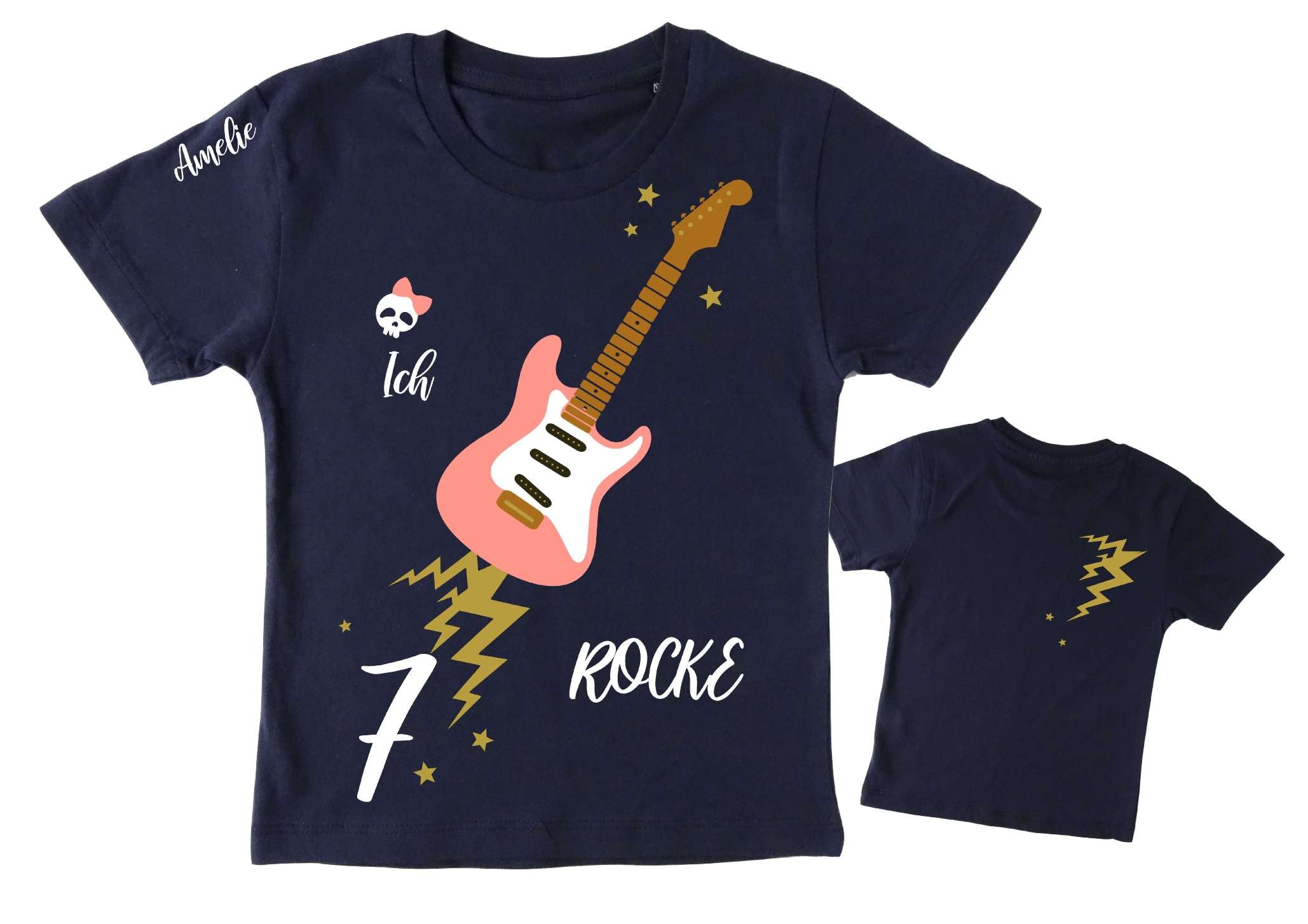 navi Geburtstagsshirt rosa E Gitarre für Kinder, mit Zahl und Name, mit gold metallic Effekt