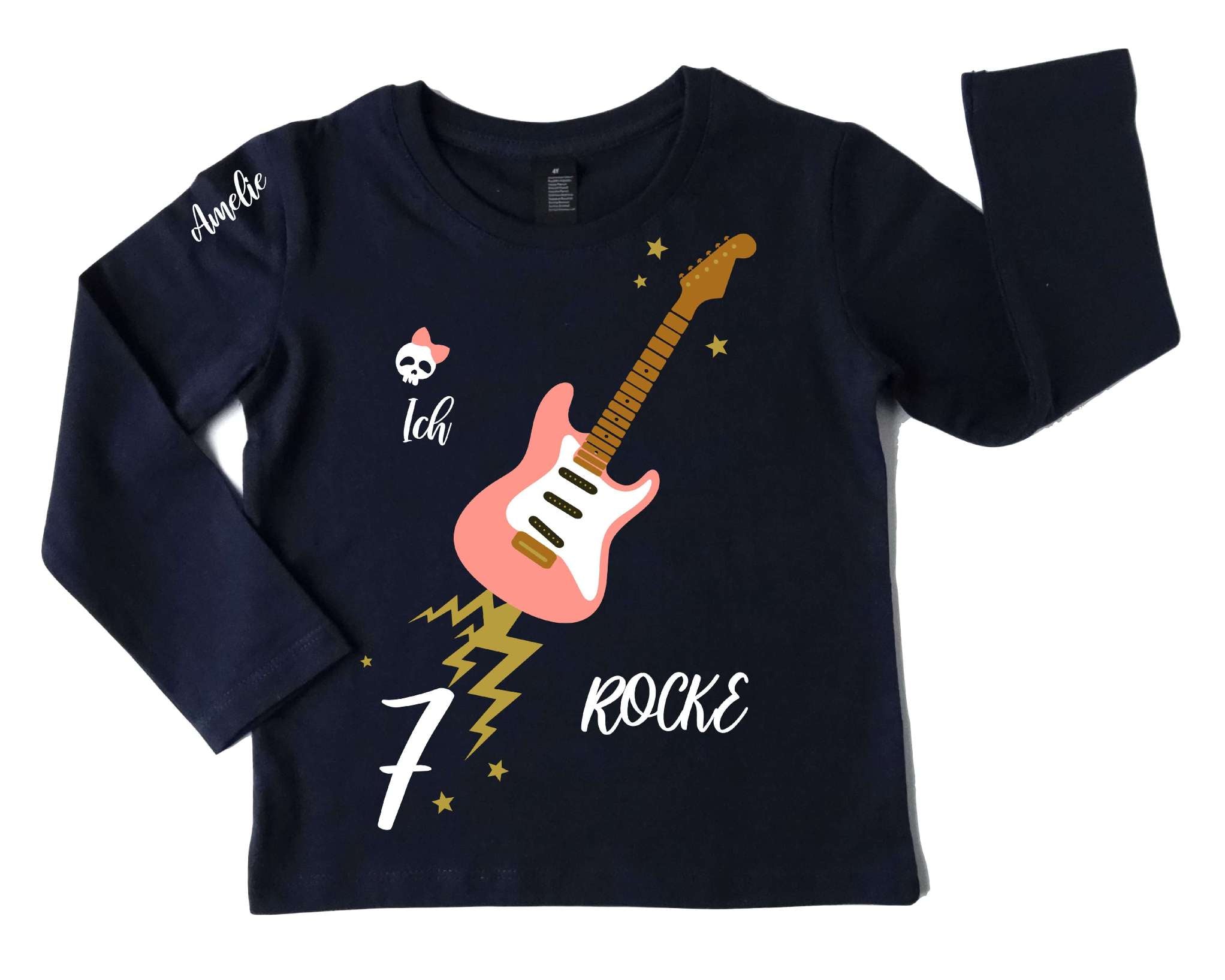 navi Geburtstagsshirt rosa E-Gitarre für Mädchen, mit Name und Zahl und gold Effekt
