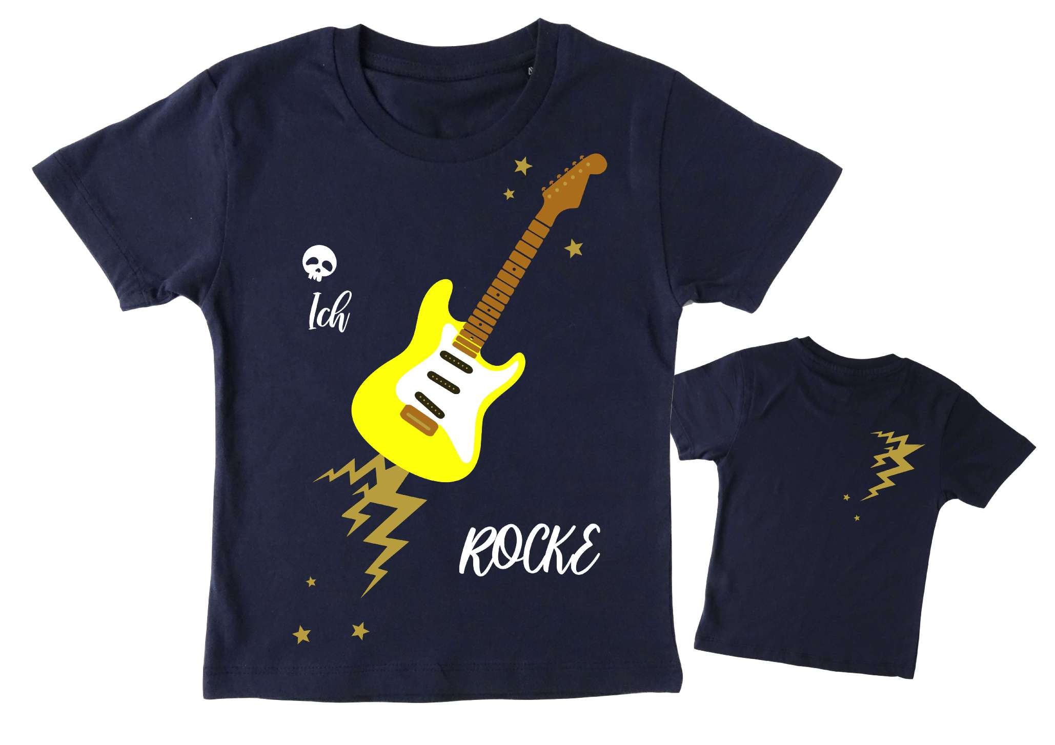 navi Geburtstagsshirt gelbe E Gitarre für Kinder, mit Zahl und Name, mit gold metallic Effekt