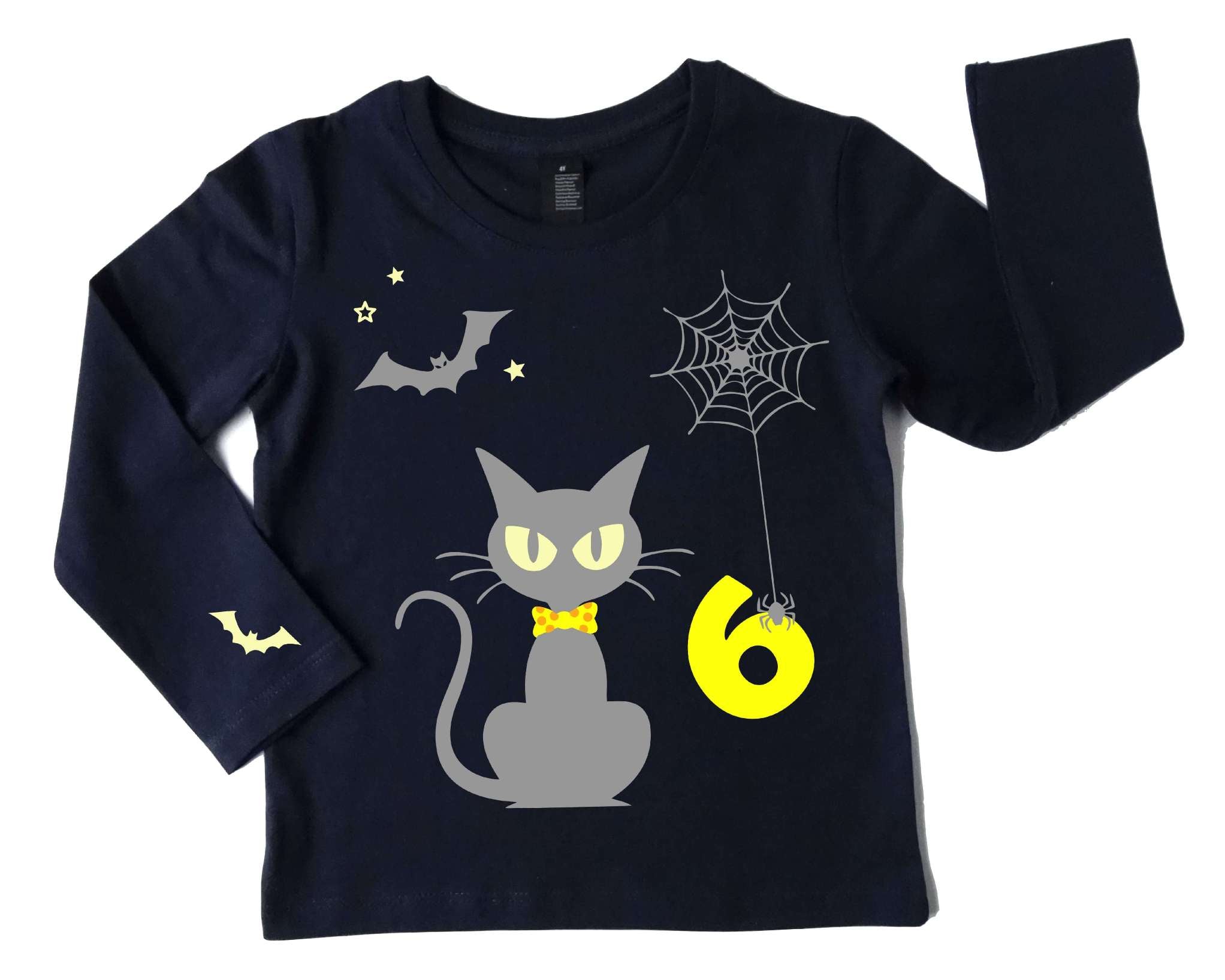 navi Geburtstagsshirt Halloween süße Katze, Fledermaus, Spinne leuchtet im Dunkeln, mit Name und Zahl in gelb