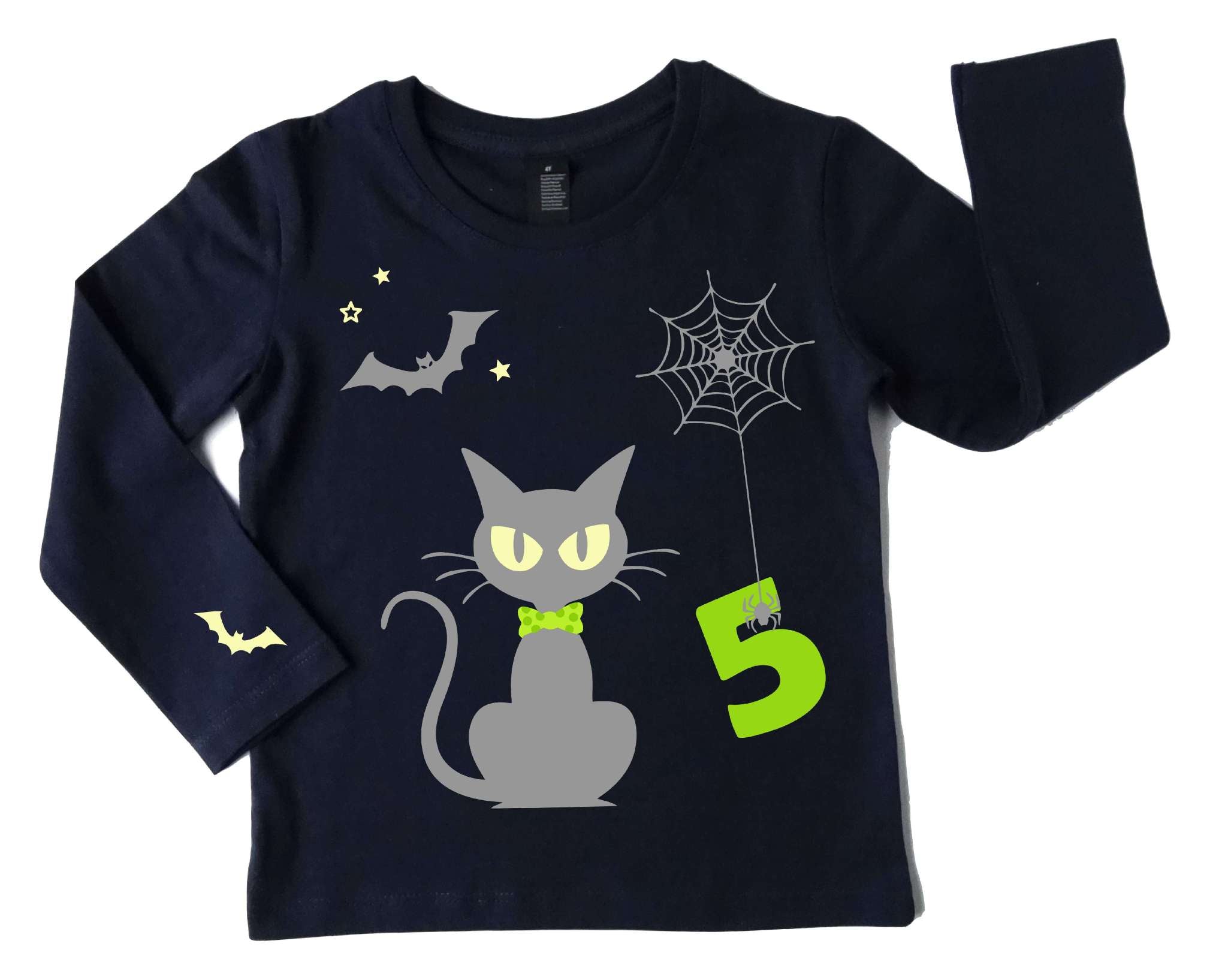 navi Geburtstagsshirt Halloween süße Katze, leuchtet im Dunkeln, mit Name und Zahl in hellgrün