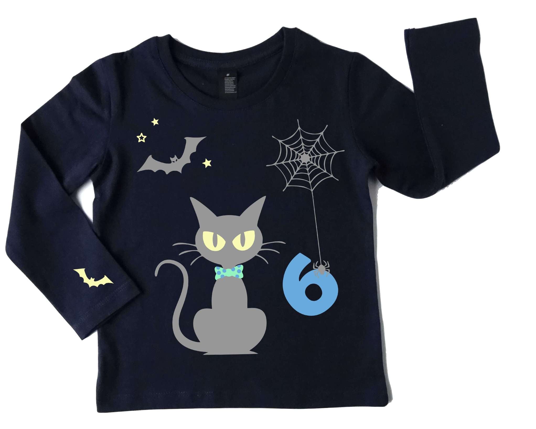 Geburtstagsshirt Halloween mit Leuchteffekt, Katze, Spinne und Fledermaus mit langen Ärmeln für Kinder