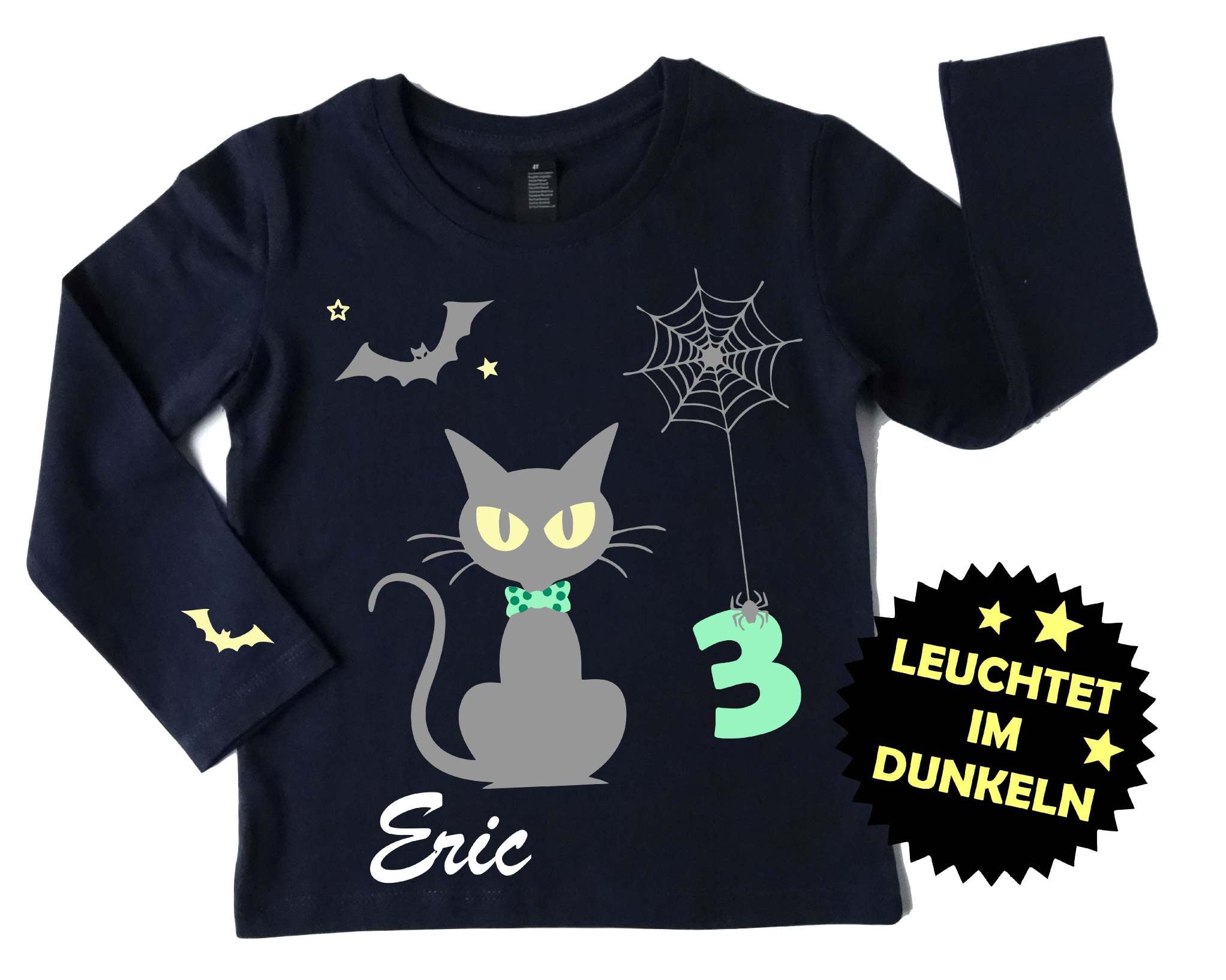 navi Geburtstagsshirt Halloween süße Katze, leuchtet im Dunkeln, mit Name und Zahl in mint