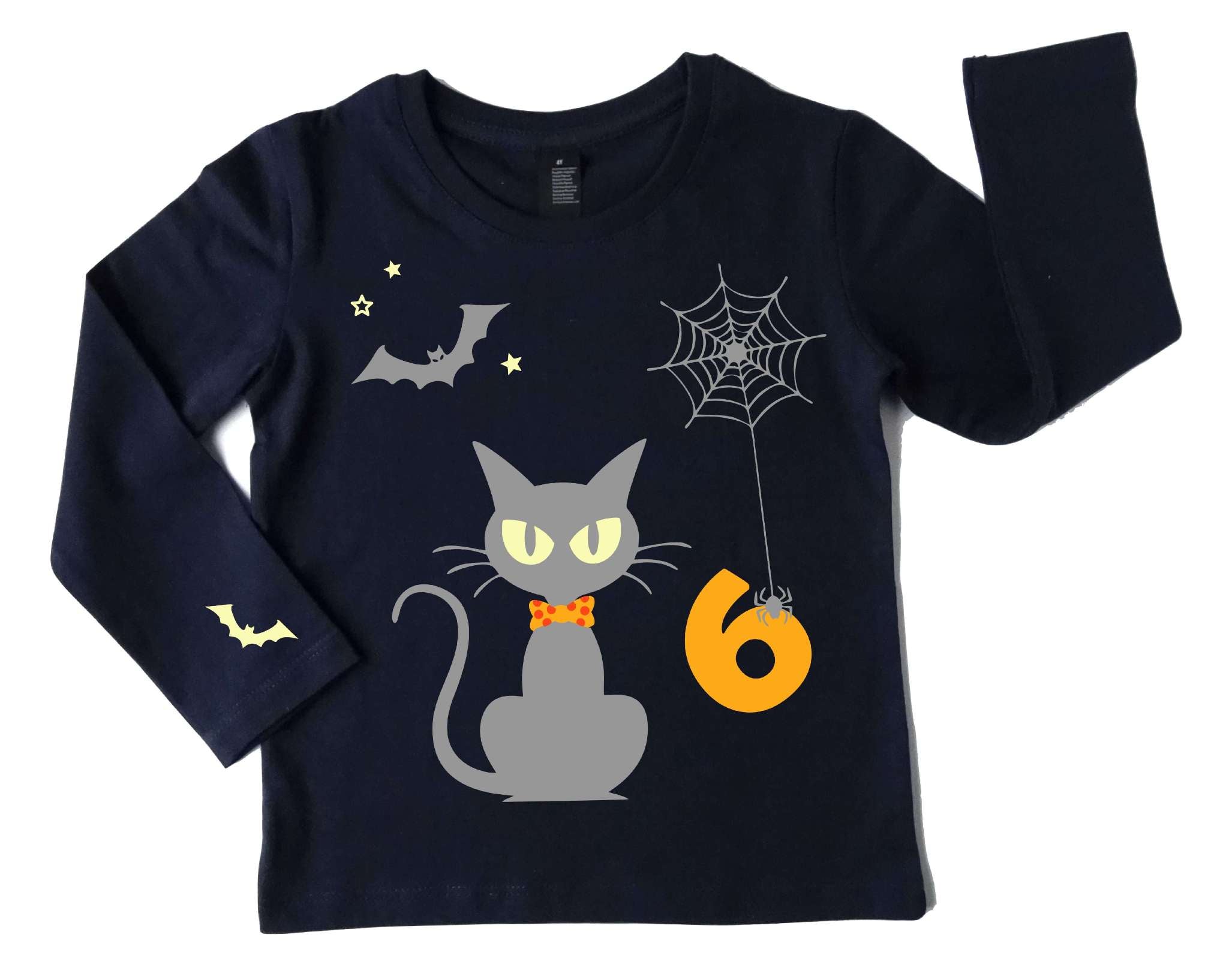 navi Geburtstagsshirt Halloween süße Katze, leuchtet im Dunkeln, mit Name und Zahl in orange