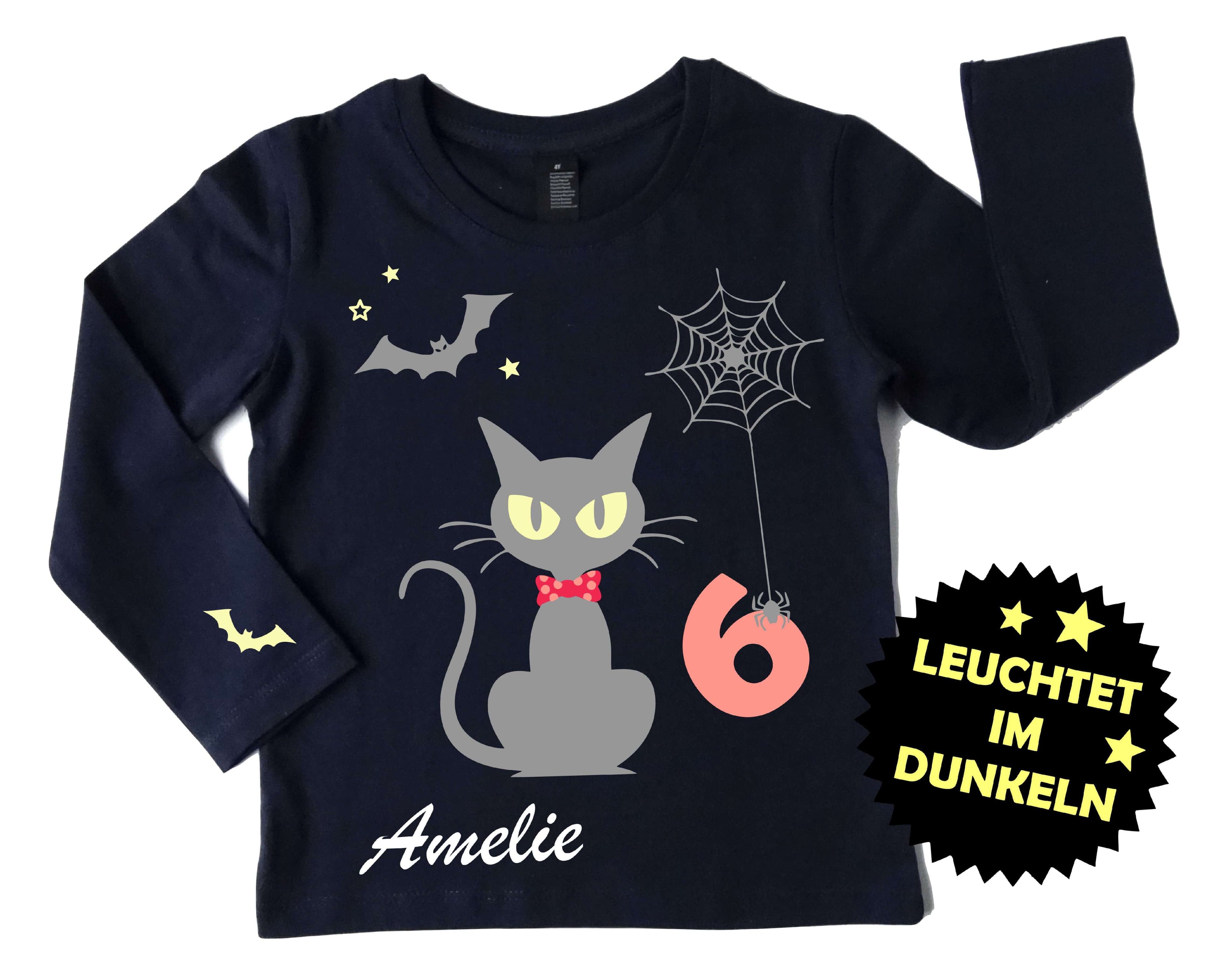navi Geburtstagsshirt Halloween süße Katze, leuchtet im Dunkeln, mit Name und Zahl in Rosa