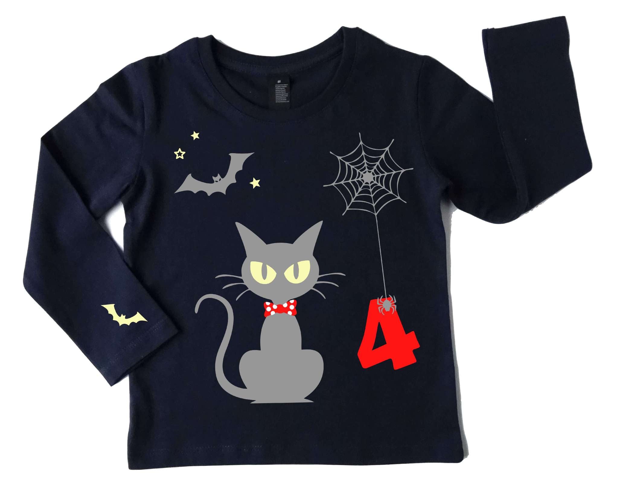 navi Geburtstagsshirt Halloween süße Katze, leuchtet im Dunkeln, mit Name und Zahl in rot