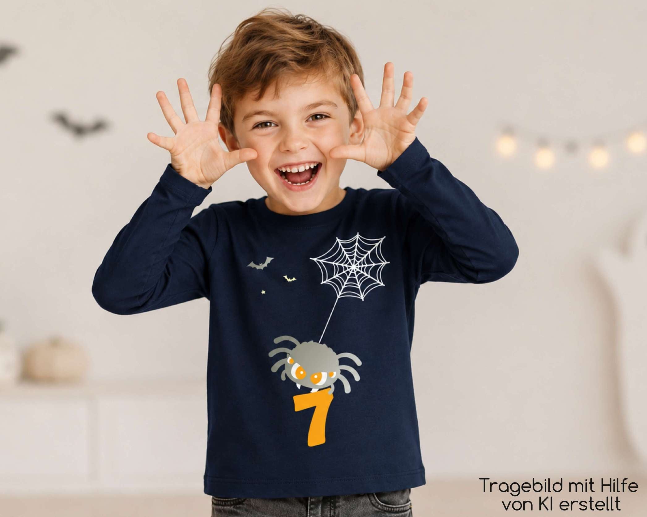 Tragebild von Geburtstagsshirt mit süß gruseliger Spinne im Netz für Kinder-Halloween mit Name und Zahl