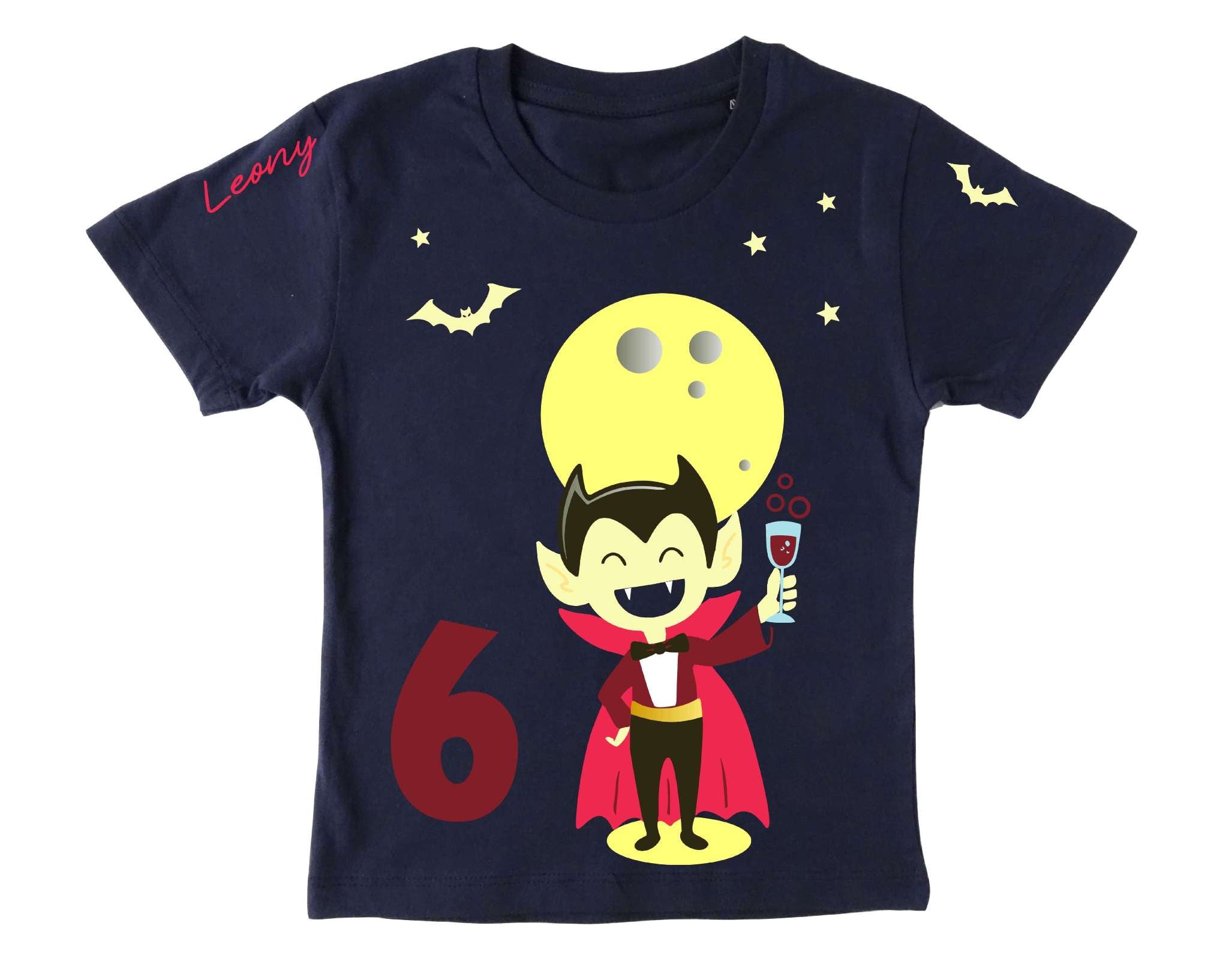 navi Kinder-T-Shirt mit niedlichem Vampir & Vollmond Fledermäusen, für Halloween, leuchtet mit Dunkeln, mit Name und Zahl