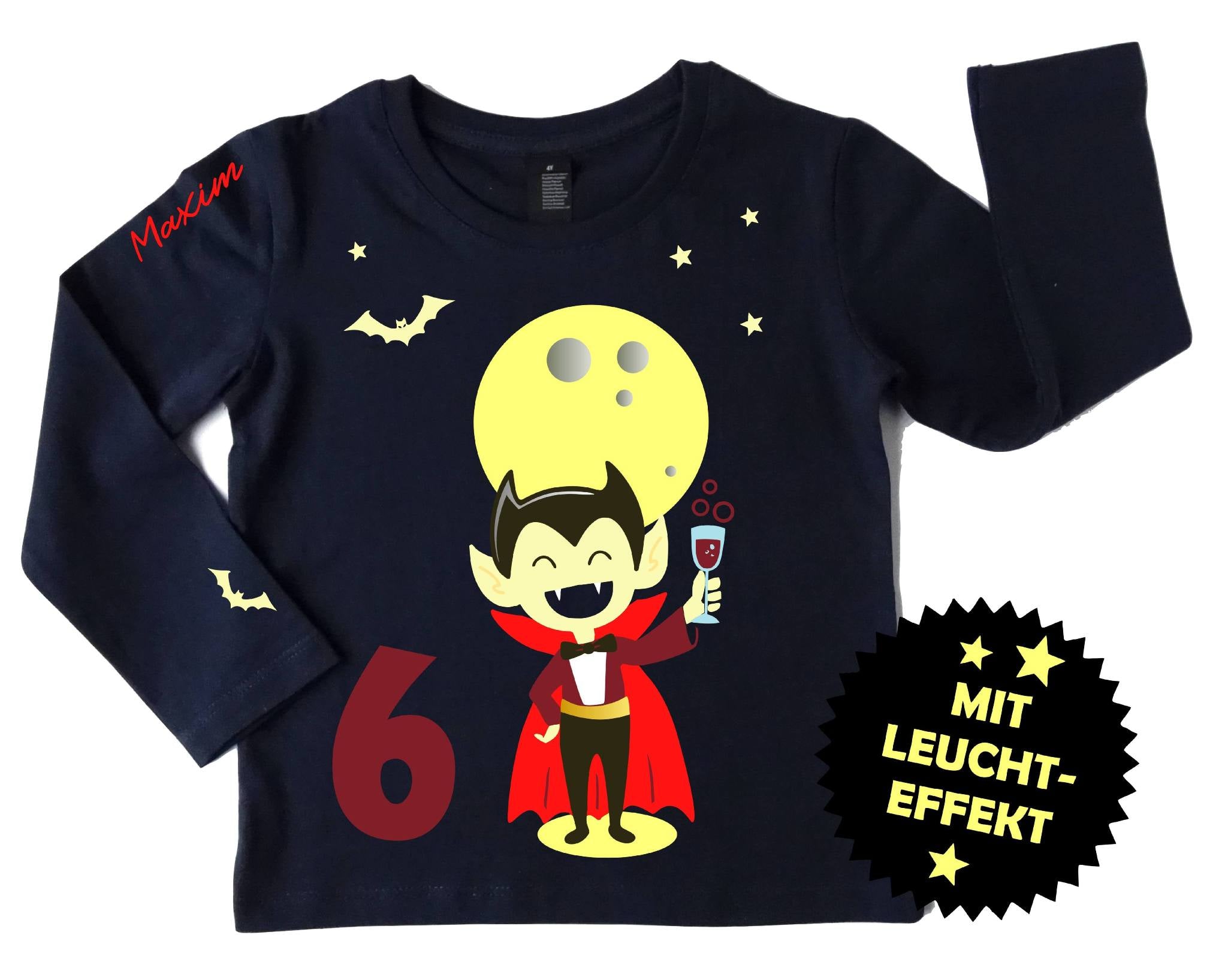süß gruseliges Kinder Halloween Shirt mit Vampir und Leuchteffekt für Kinder, mit Name und Zahl für Geburtstag