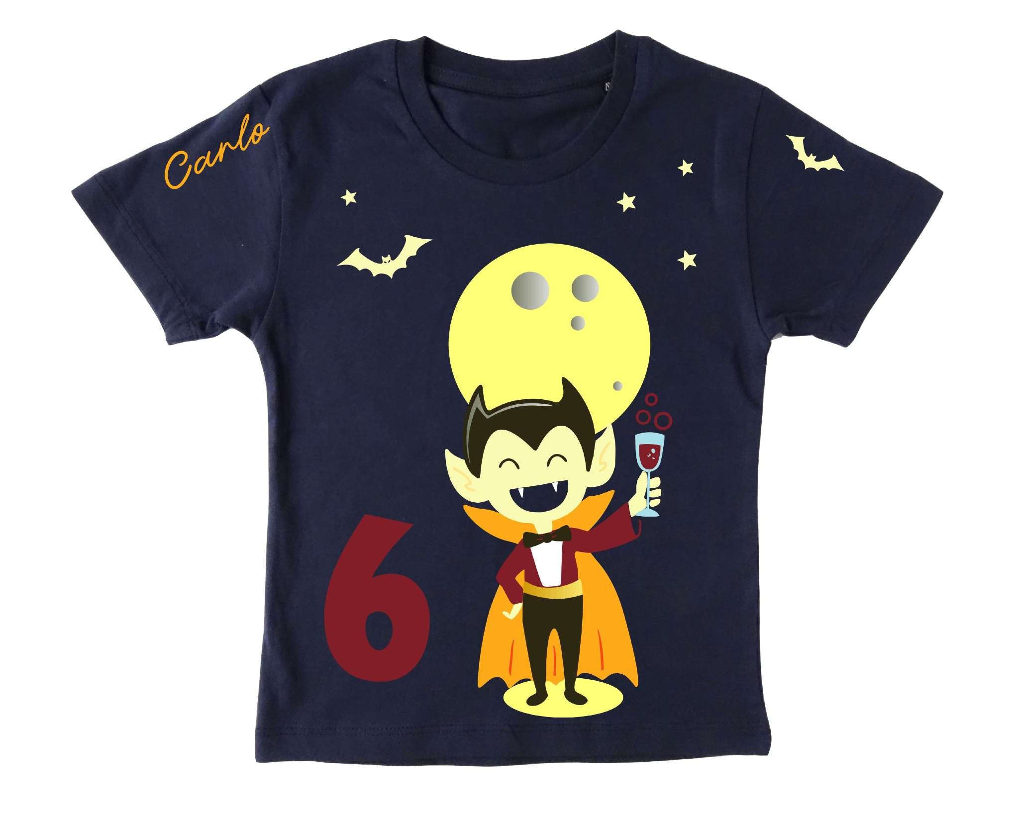 navi Kinder-T-Shirt mit niedlichem Vampir & Vollmond Fledermäusen, für Halloween, leuchtet mit Dunkeln, mit Name und Zahl, mit orangem Umhang