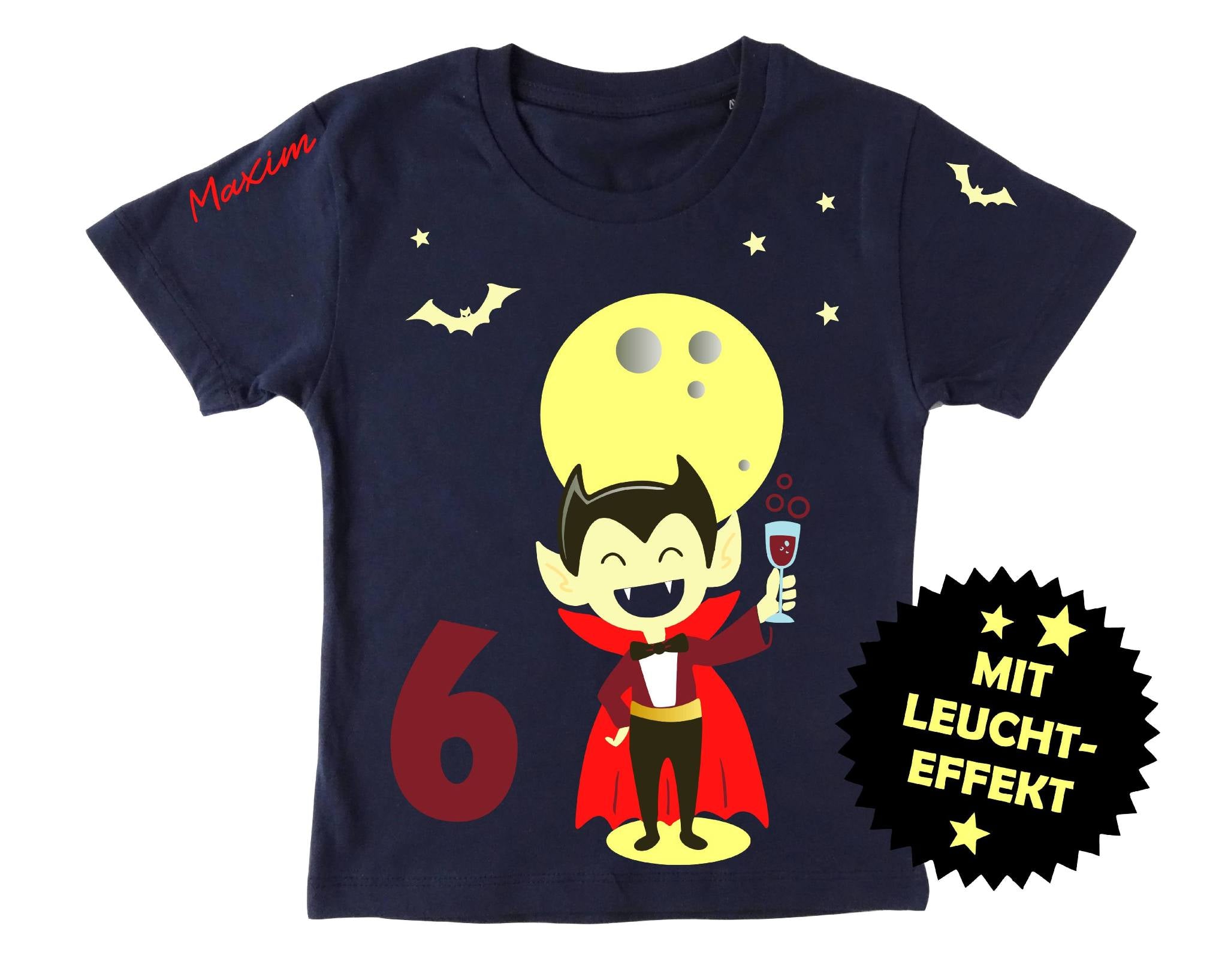 navi Kinder-T-Shirt mit niedlichem Vampir & Vollmond Fledermäusen, für Halloween, leuchtet mit Dunkeln, mit Name und Zahl,mit rotem Umhang