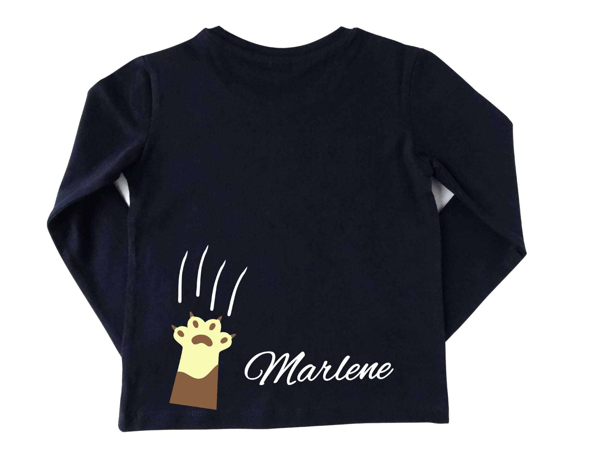 Rückseite Katzenkralle von navi Geburtstagsshirt mit süßer Katze für Mädchen und Jungen mit Name und Zahl und langen Ärmeln