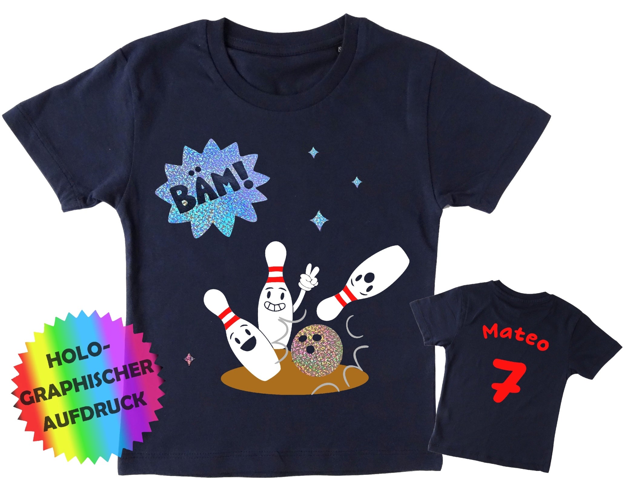 navi Kinder-Geburtstagsshirt Bowling oder Kegeln, mit Name, Zahl und holographischem 
Aufdruck, mit Tikotrückseite