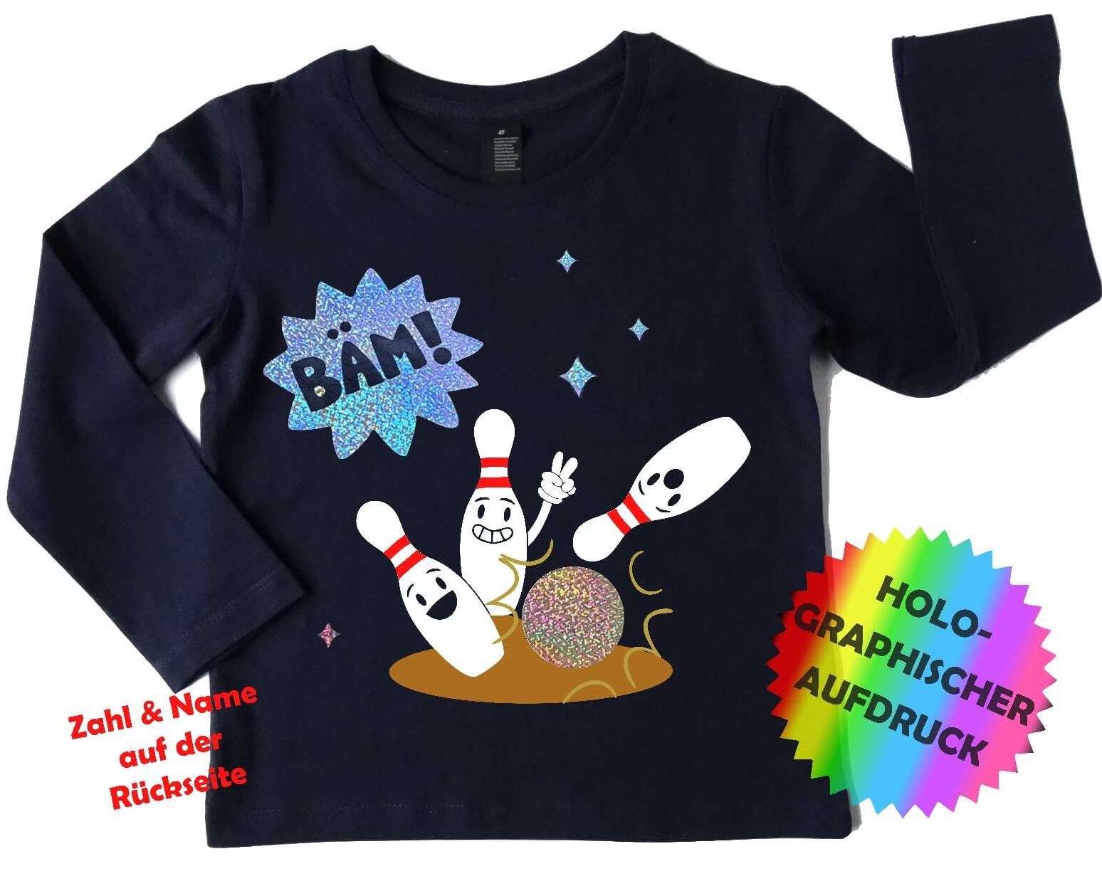 Geburtstagsshirt Bowling Kegeln für Kinder mit Name und Zahl, Trikotrückseite und holographischer Effekt
