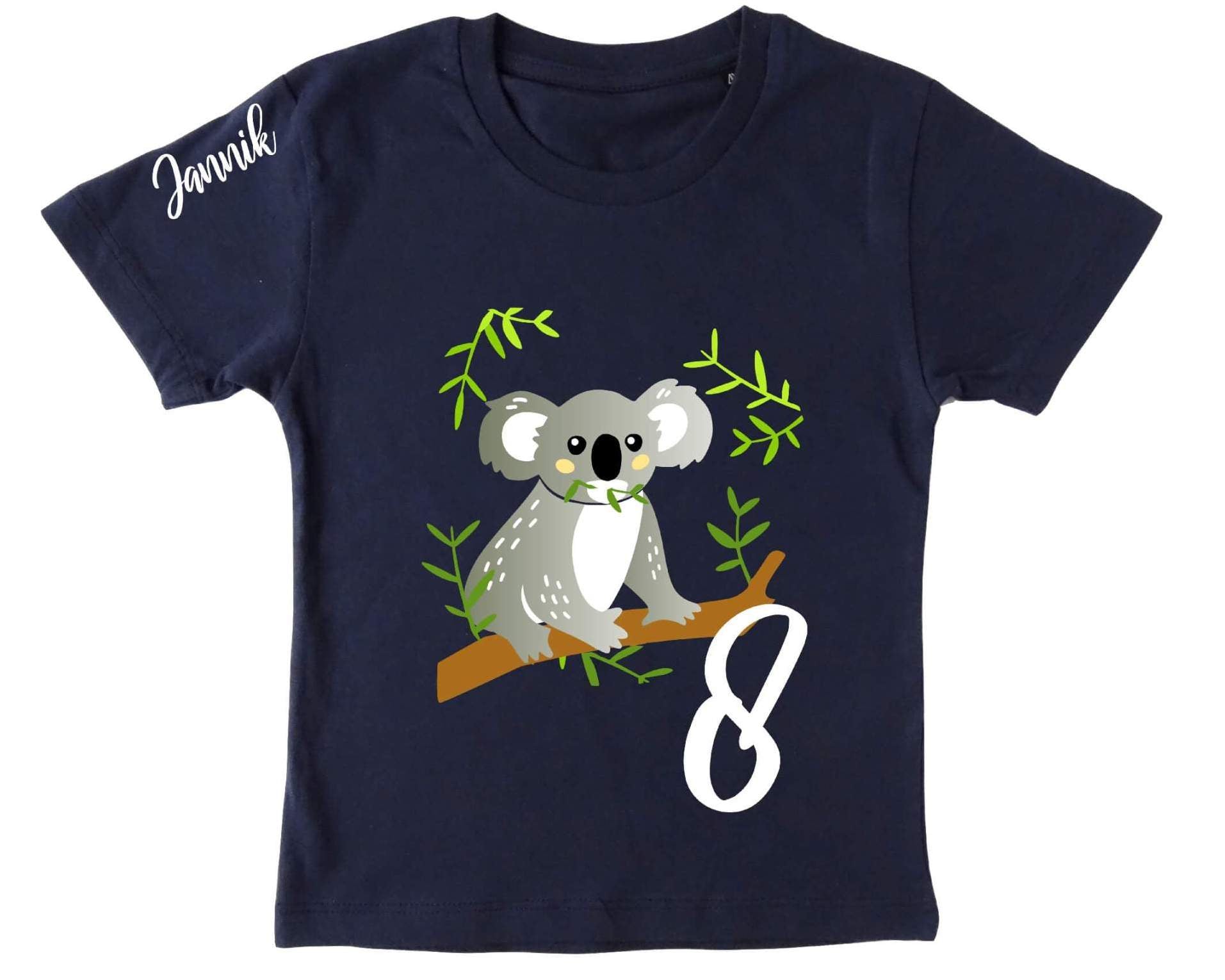 Geburtstagsshirt Koala auf Ast in schimmerndem silber mit Name und Zahl für Kinder