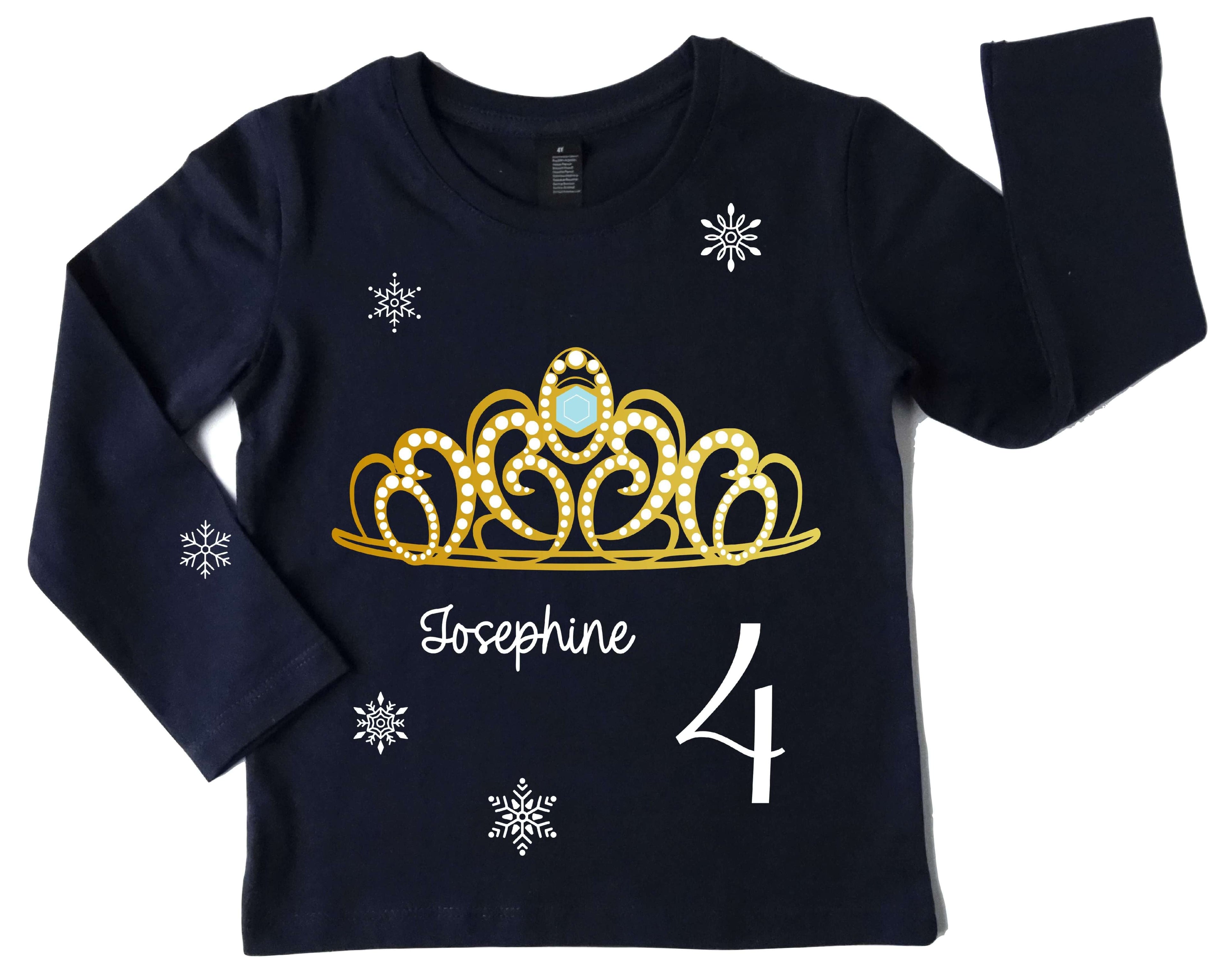 Geburtstagsshirt für Mädchen mit Name und Zahl, Krone Eisprinzessin Elsa, mit schimmerdem gold Effekt