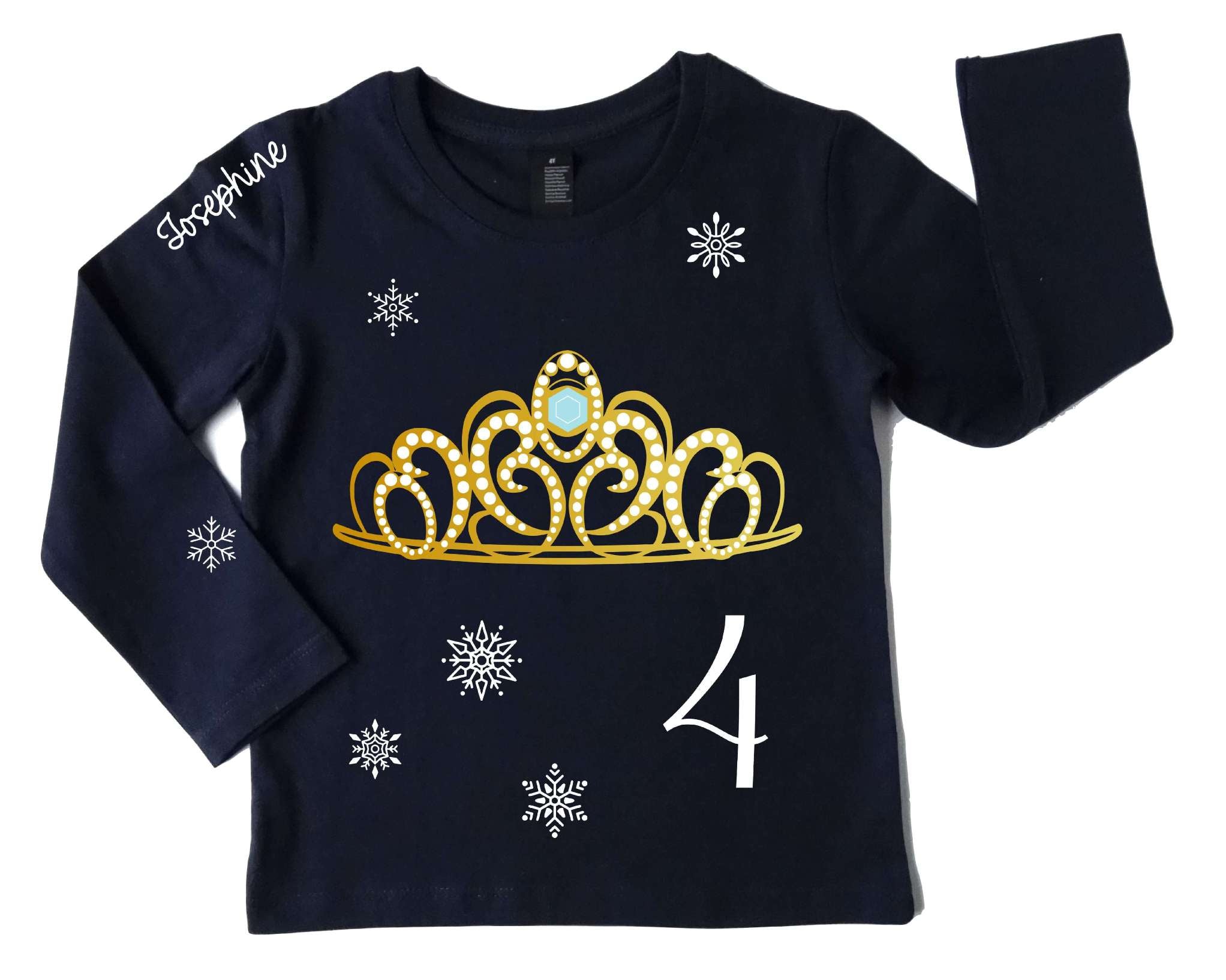 Geburtstagsshirt für Mädchen mit Name und Zahl, Krone Eisprinzessin Elsa, mit schimmerdem gold Effekt