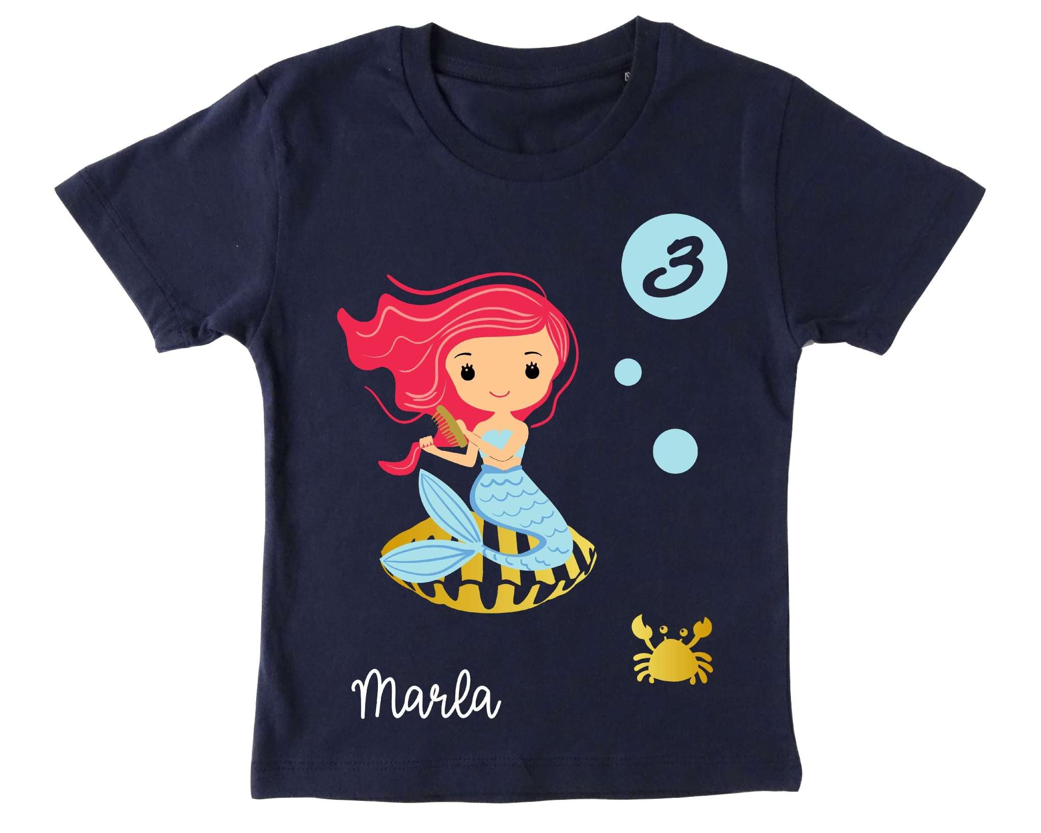 navi Mädchen-Geburtstagsshirt mit kurzen Ärmeln, bedruckt mit Meerjungfrau auf goldener Muschel, Name und Zahl