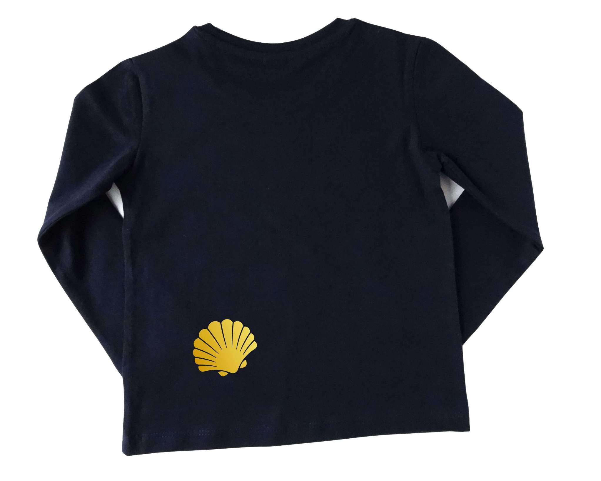 Rückseite mit goldener Muschel von navi Geburtstagsshirt Meerjungfrau auf goldener Muschel mit Name und Zahl und langen Ärmeln