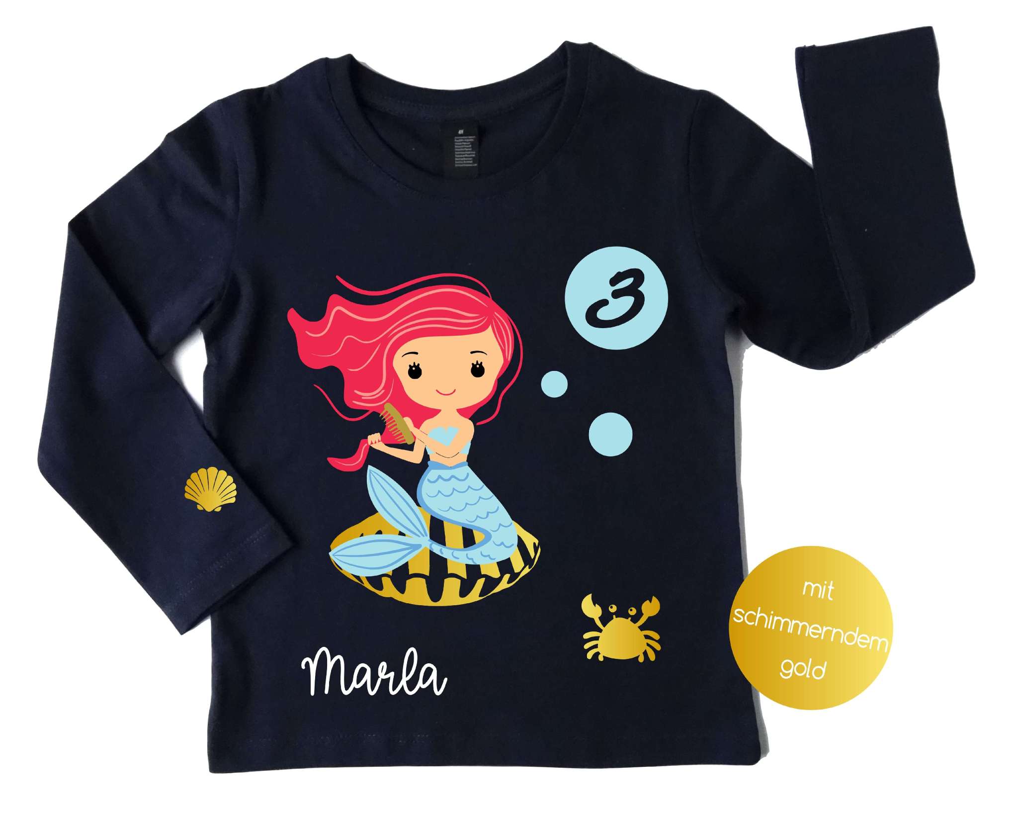 navi Geburtstagsshirt Meerjungfrau auf goldener Muschel mit Name und Zahl und langen Ärmeln