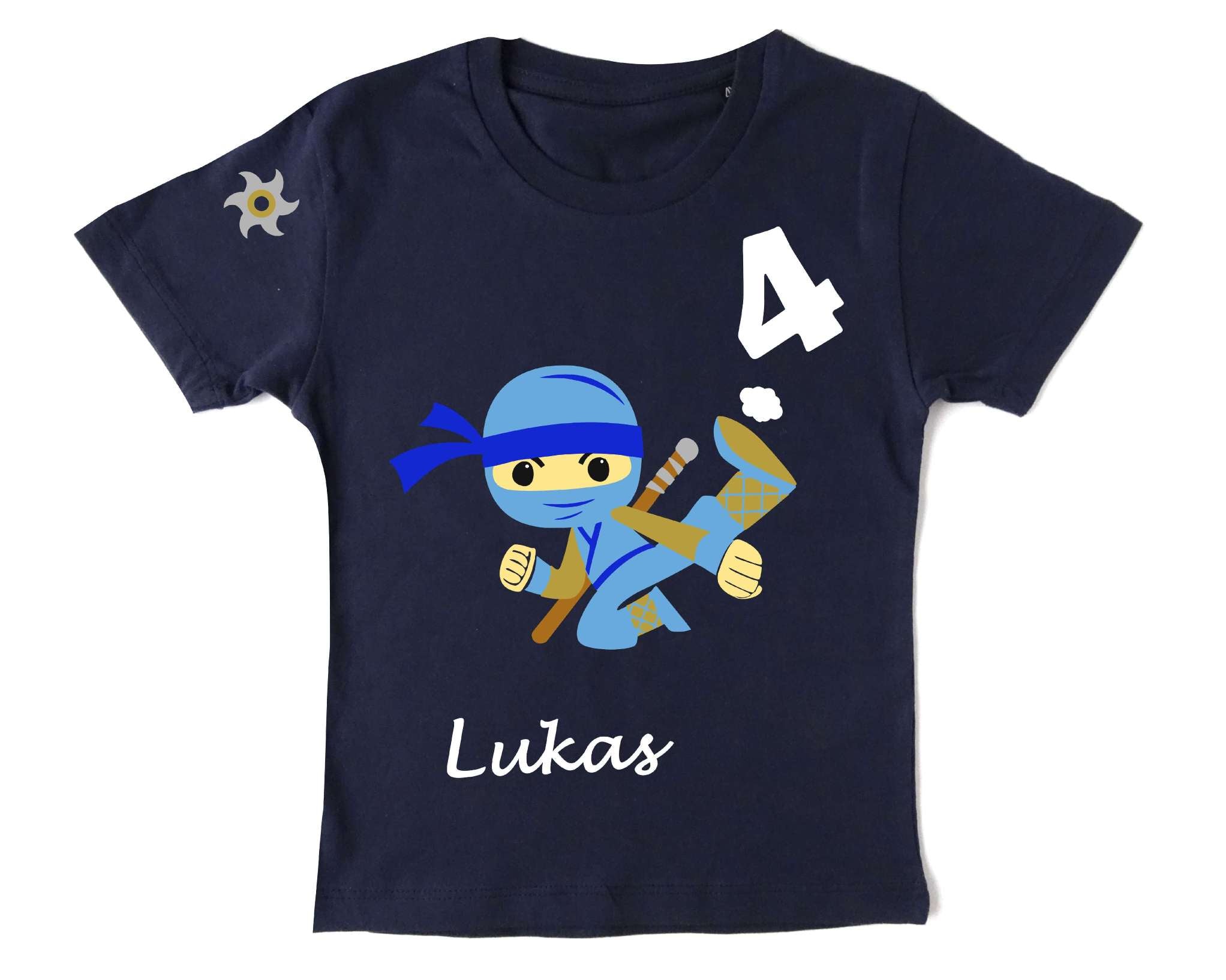 navi Geburtstagssshirt für Kinder mit blauem Ninja Kämpfer, Zahl und Name bedruckt, silber metallic Effekt