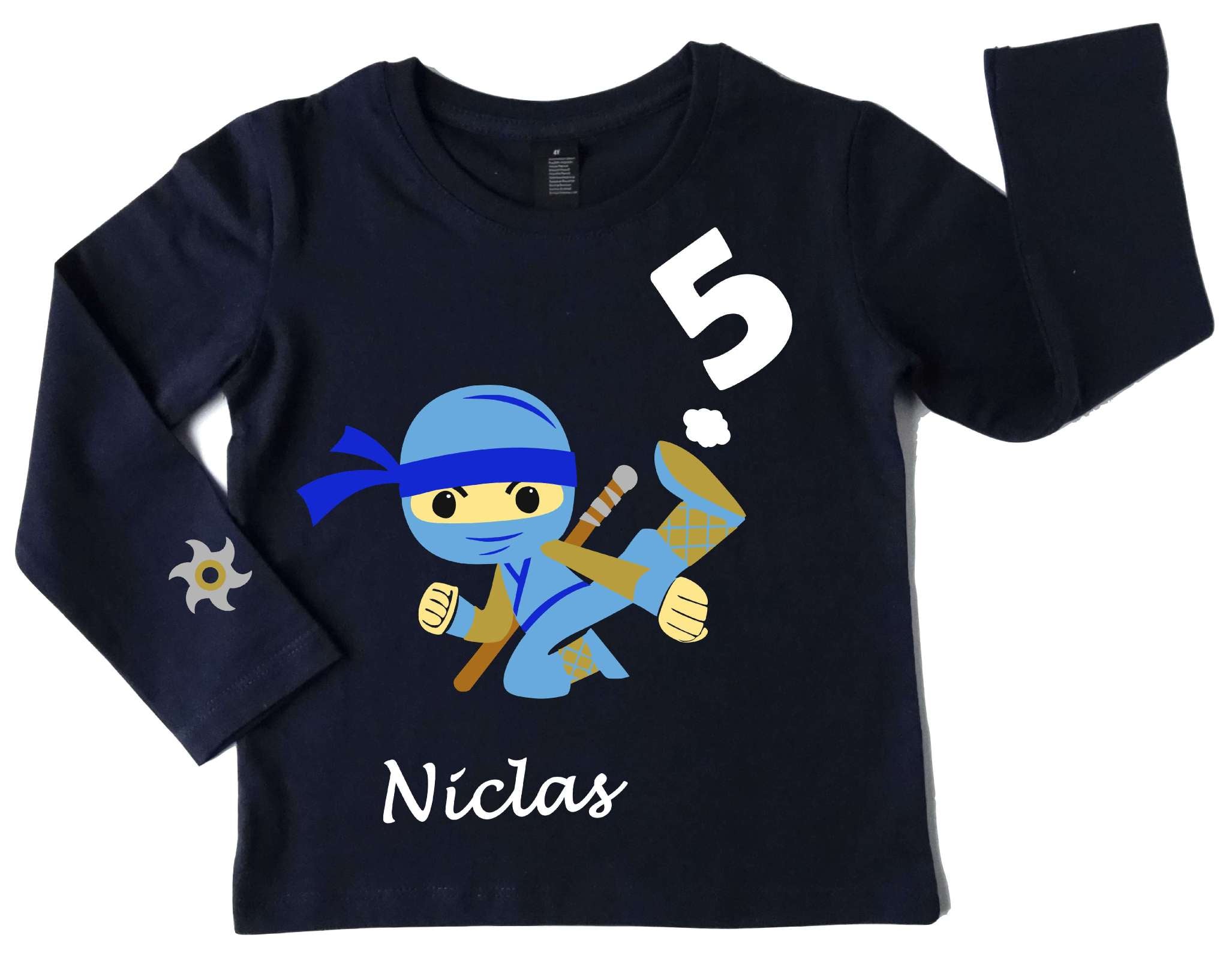 navi Geburtstagsshirt für Kinder mit hellblauem, springendem Ninja, Name und Zahl, mit gold metallic, mit langem Arm