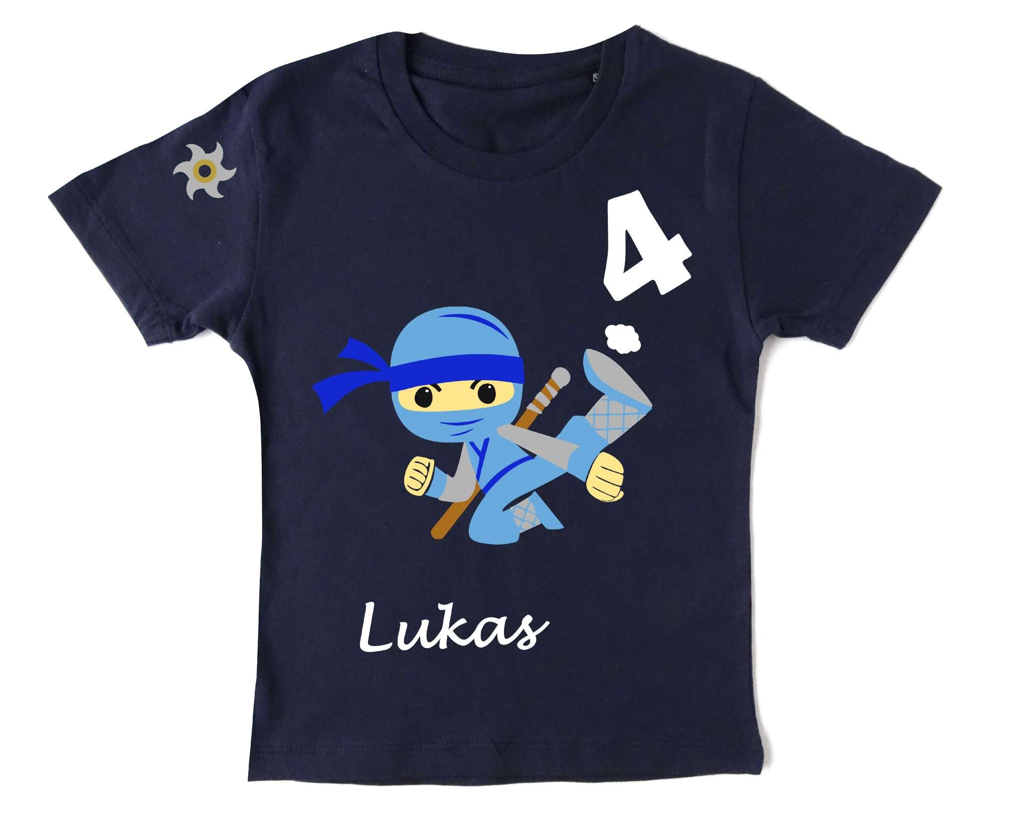 navi Geburtstagssshirt für Kinder mit Ninja Kämpfer, Zahl und Name bedruckt, gold metallic Effekt